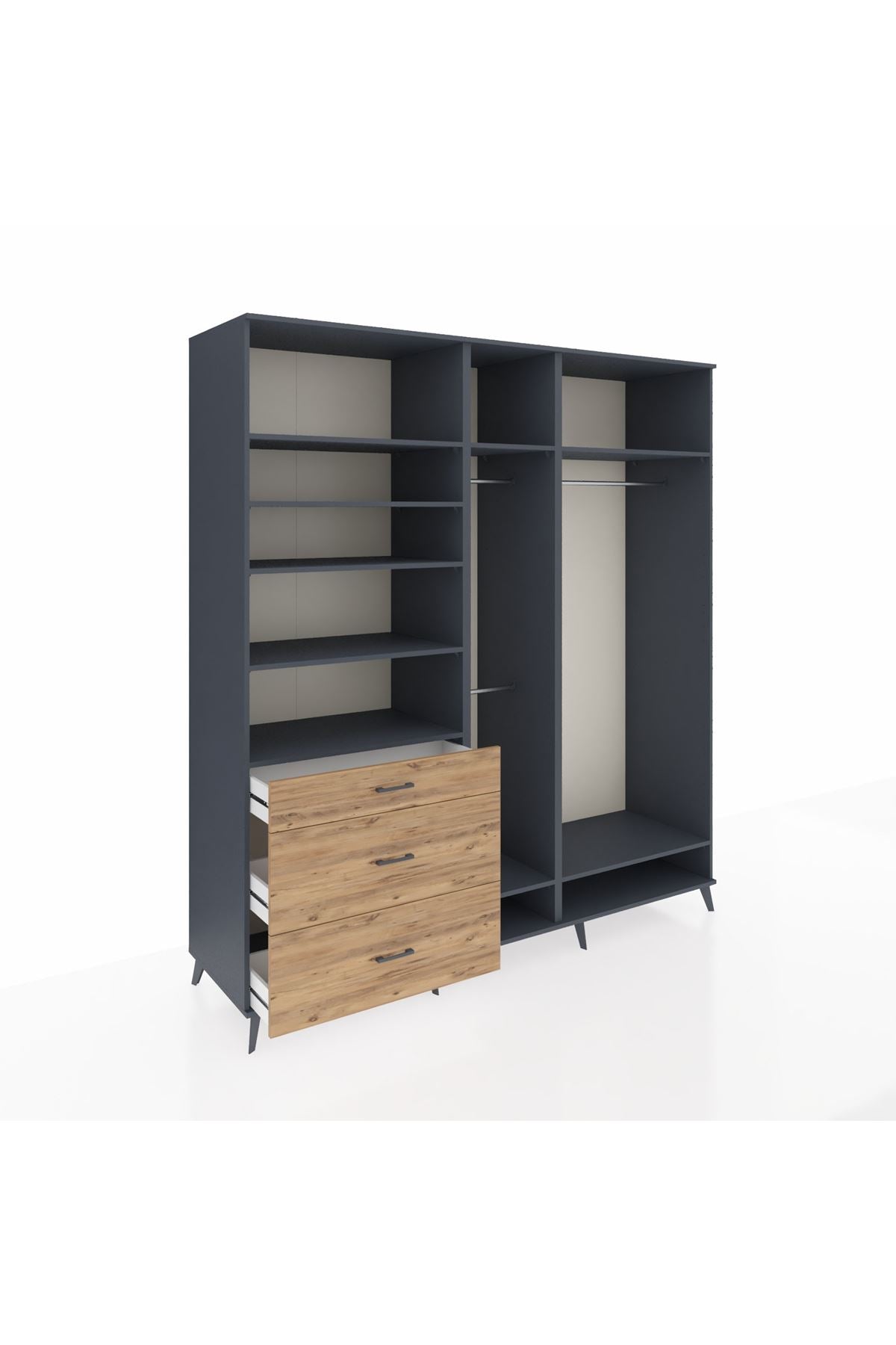 Kronos Dolap 9 Raflı 3 Çekmeceli 3 Askılı 220x59x243 Antrasit-Antrasit/Çam