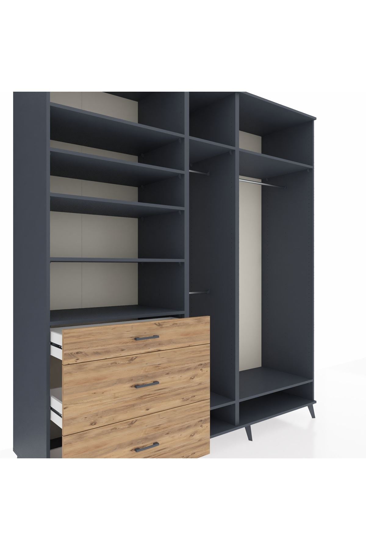 Kronos Dolap 9 Raflı 3 Çekmeceli 3 Askılı 220x59x243 Antrasit-Antrasit/Çam