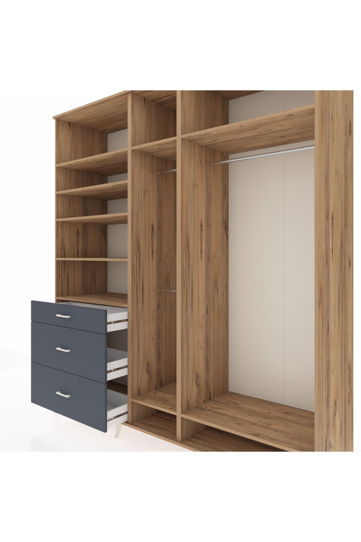 Kronos Dolap 9 Raflı 3 Çekmeceli 3 Askılı 220x59x243 Çam-Çam/Antrasit