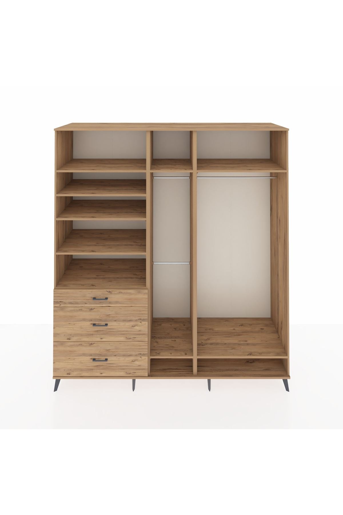 Kronos Dolap 9 Raflı 3 Çekmeceli 3 Askılı 220x59x243 Çam-Çam/Çam