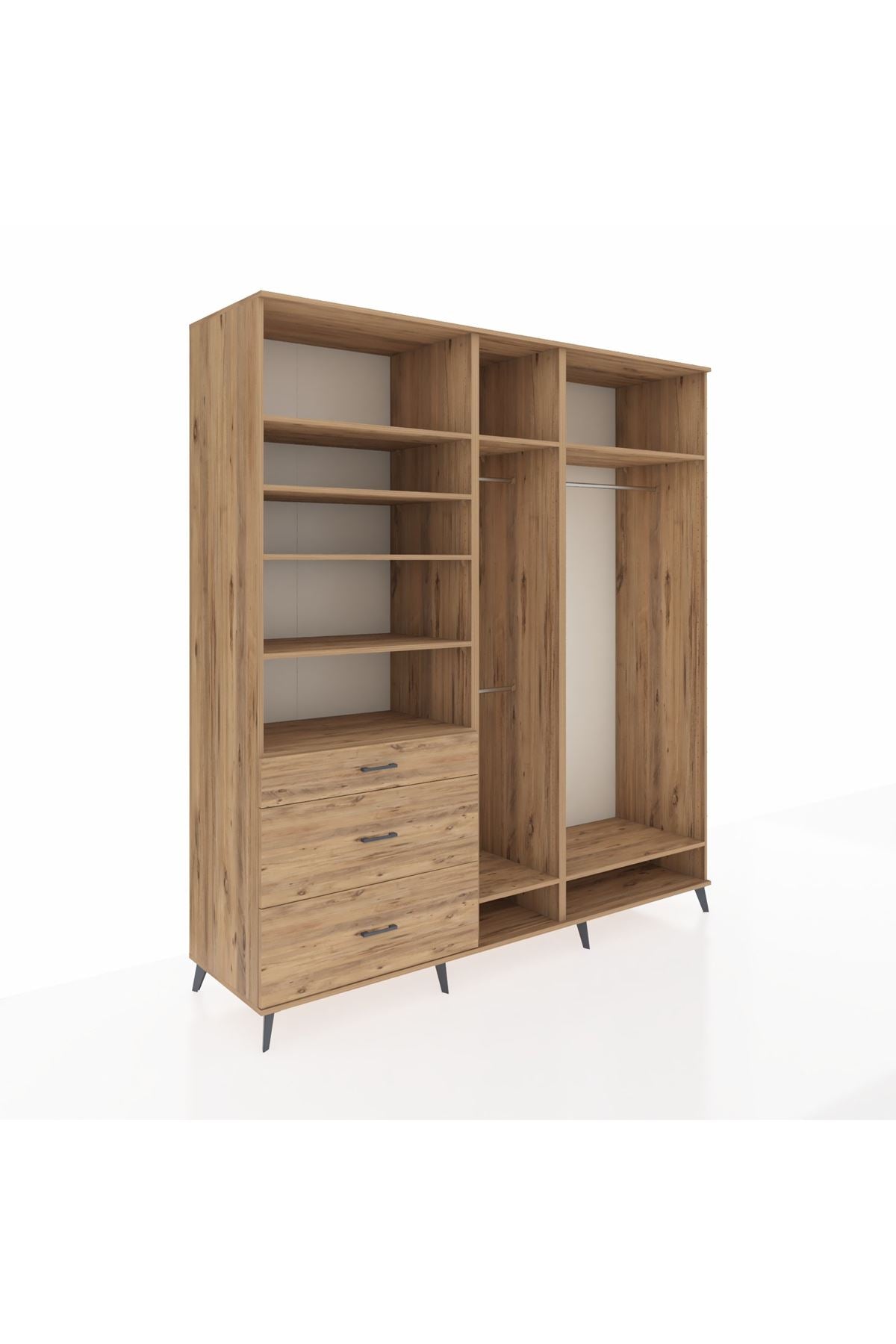 Kronos Dolap 9 Raflı 3 Çekmeceli 3 Askılı 220x59x243 Çam-Çam/Çam