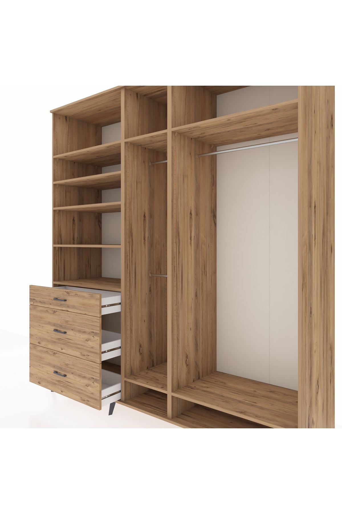 Kronos Dolap 9 Raflı 3 Çekmeceli 3 Askılı 220x59x243 Çam-Çam/Çam