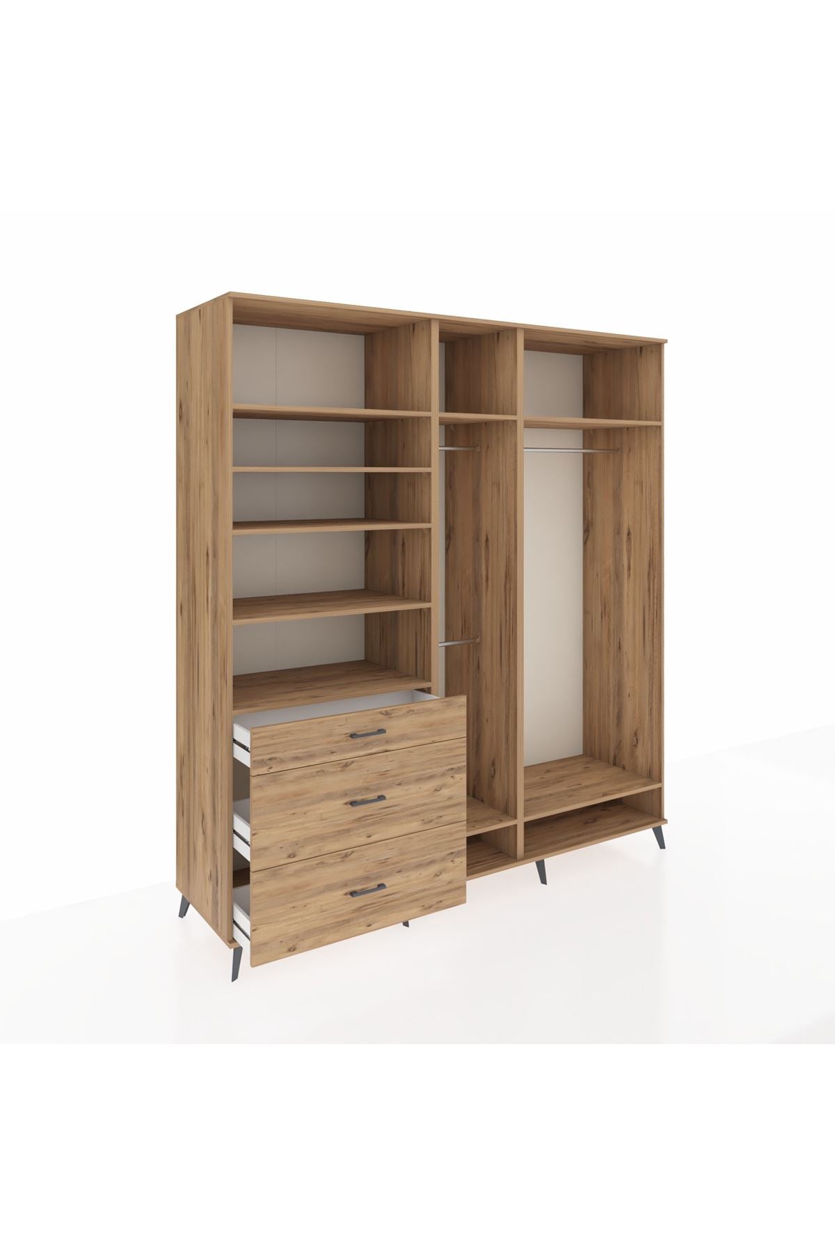 Kronos Dolap 9 Raflı 3 Çekmeceli 3 Askılı 220x59x243 Çam-Çam/Çam