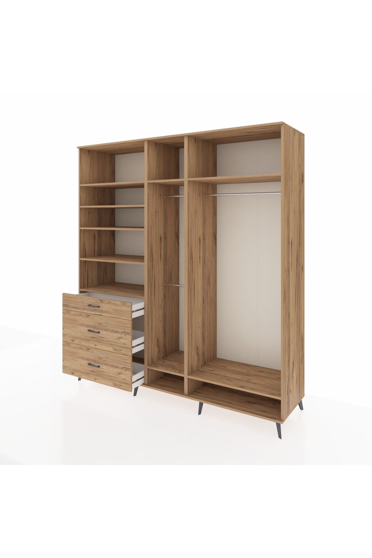 Kronos Dolap 9 Raflı 3 Çekmeceli 3 Askılı 220x59x243 Çam-Çam/Çam