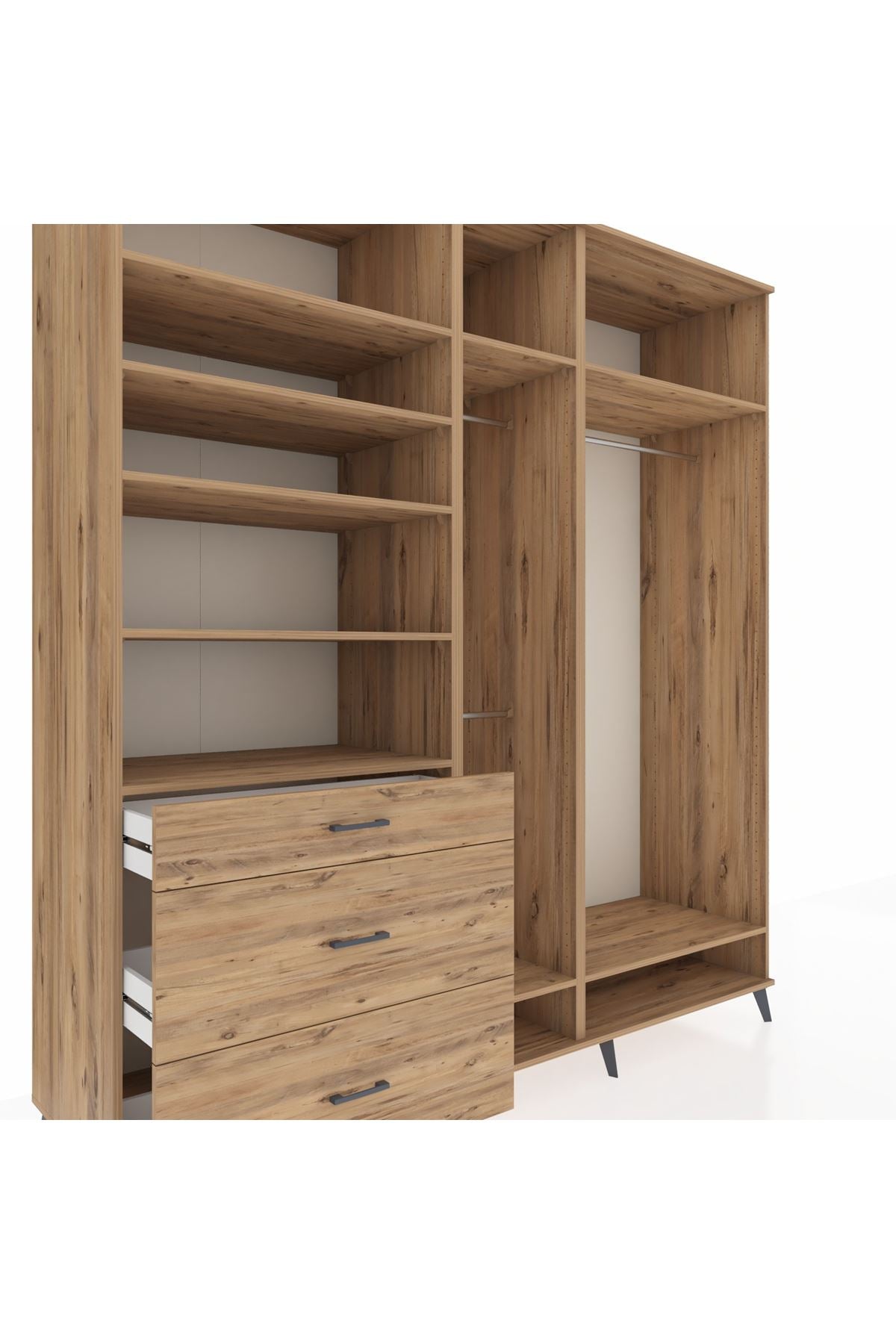 Kronos Dolap 9 Raflı 3 Çekmeceli 3 Askılı 220x59x243 Çam-Çam/Çam