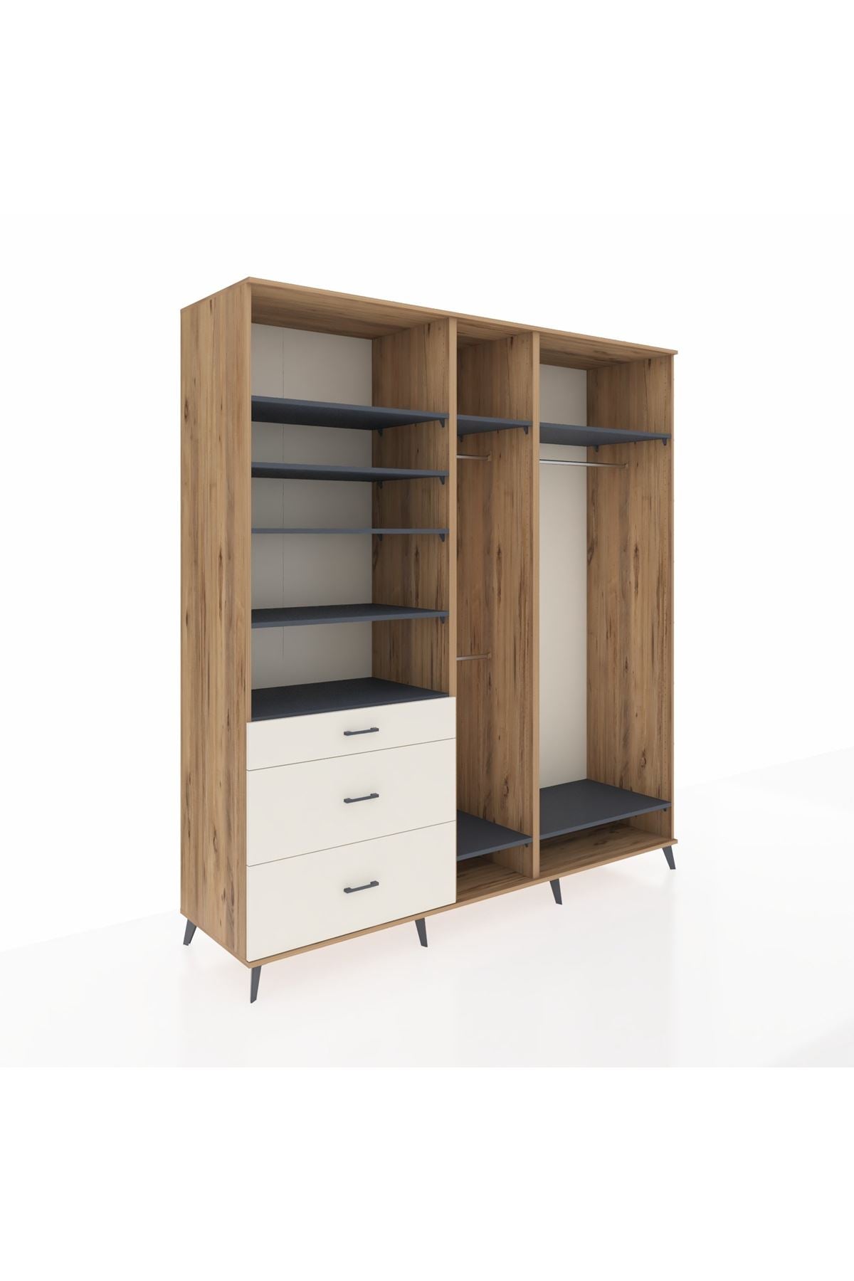 Kronos Dolap 9 Raflı 3 Çekmeceli 3 Askılı 220x59x243 Çam-Antrasit/Aytaşı