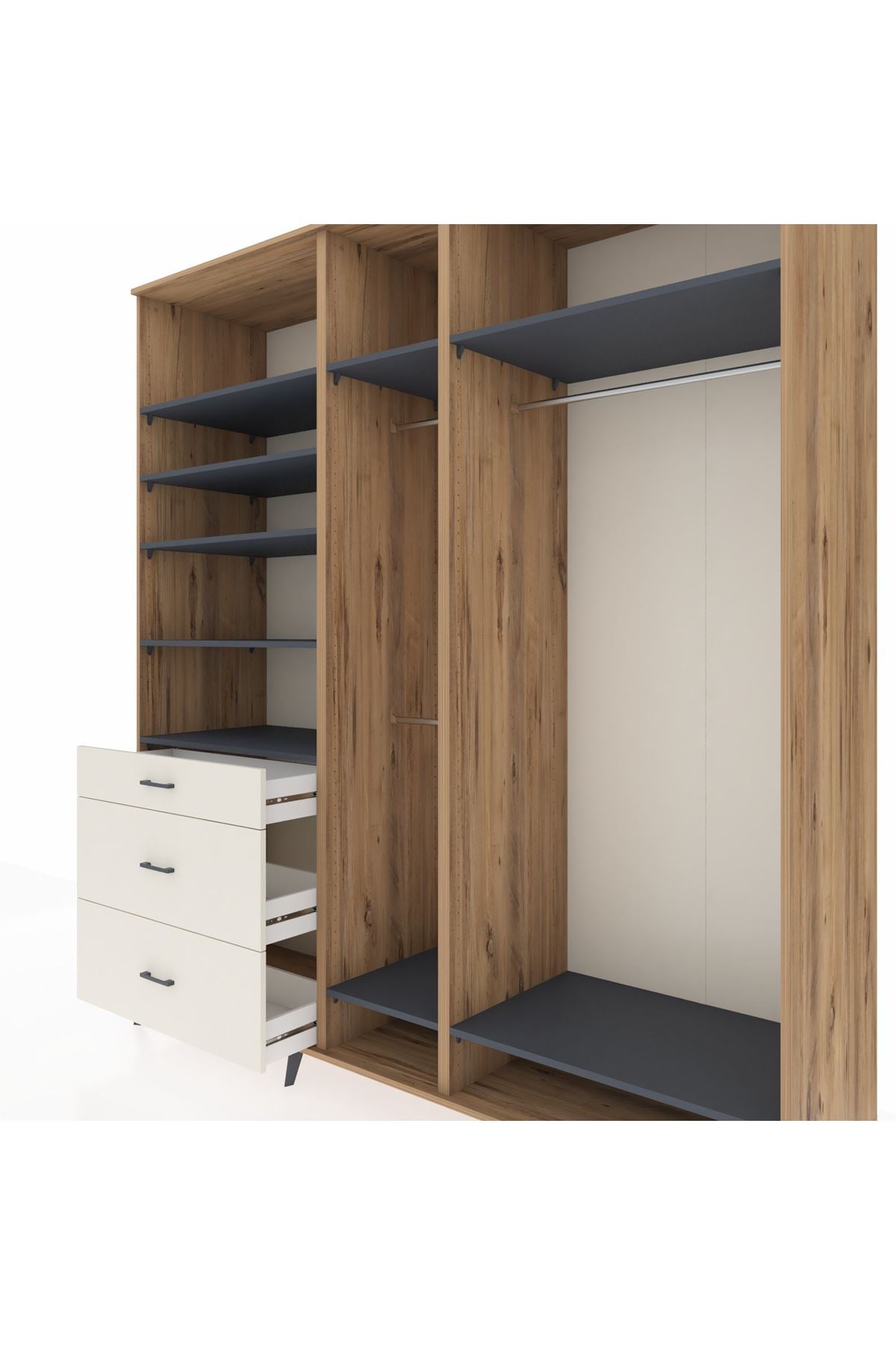 Kronos Dolap 9 Raflı 3 Çekmeceli 3 Askılı 220x59x243 Çam-Antrasit/Aytaşı