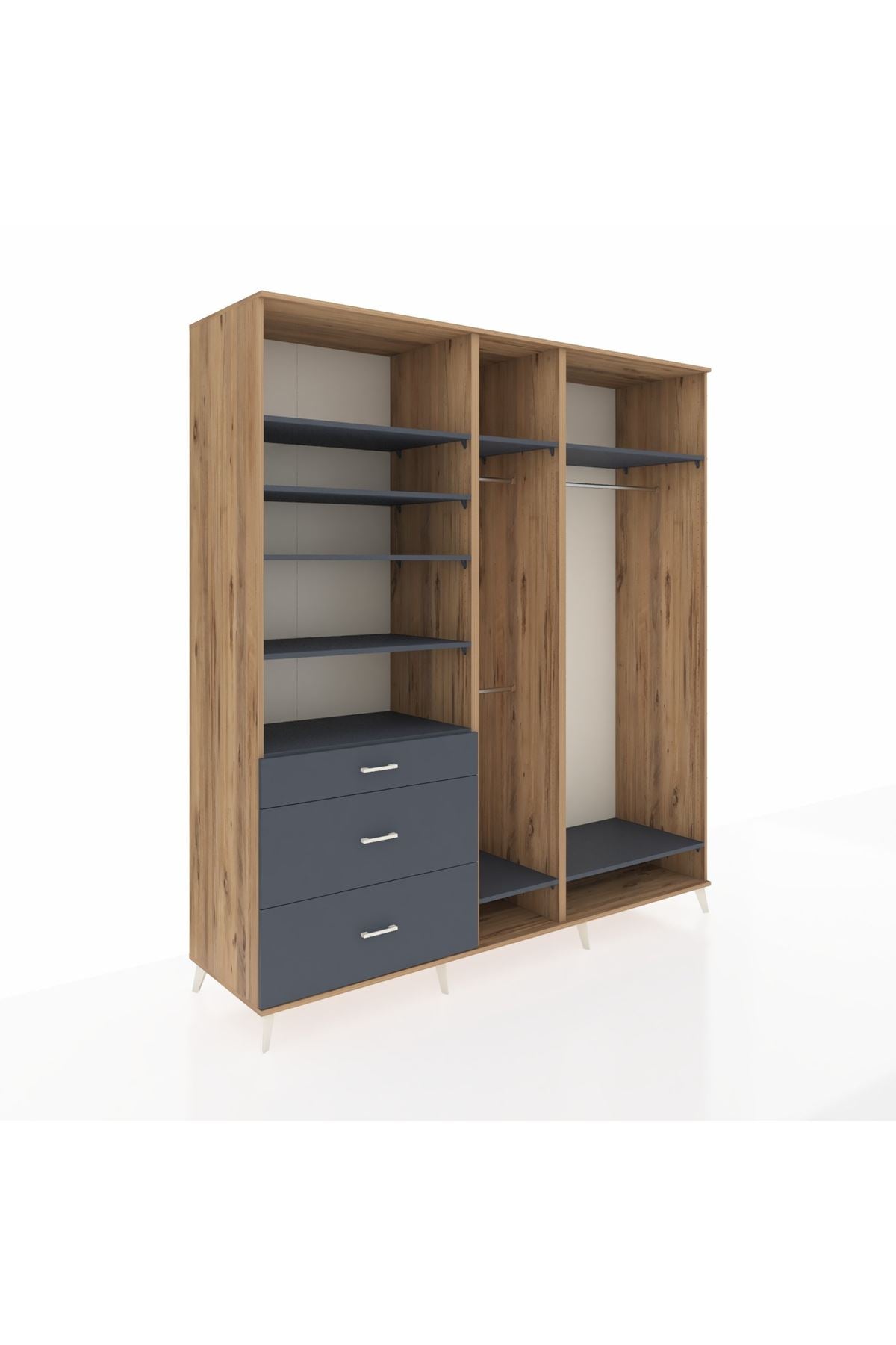 Kronos Dolap 9 Raflı 3 Çekmeceli 3 Askılı 220x59x243 Çam-Antrasit/Antrasit