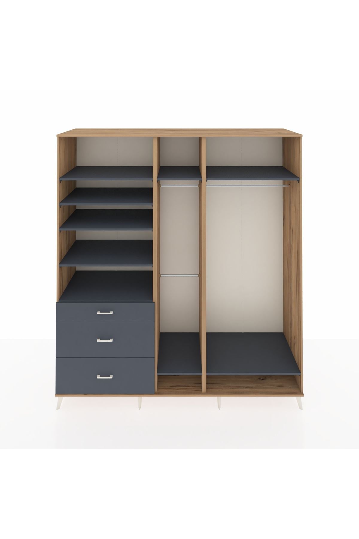 Kronos Dolap 9 Raflı 3 Çekmeceli 3 Askılı 220x59x243 Çam-Antrasit/Antrasit