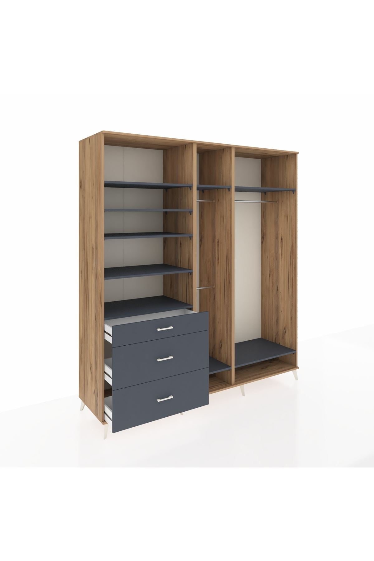 Kronos Dolap 9 Raflı 3 Çekmeceli 3 Askılı 220x59x243 Çam-Antrasit/Antrasit