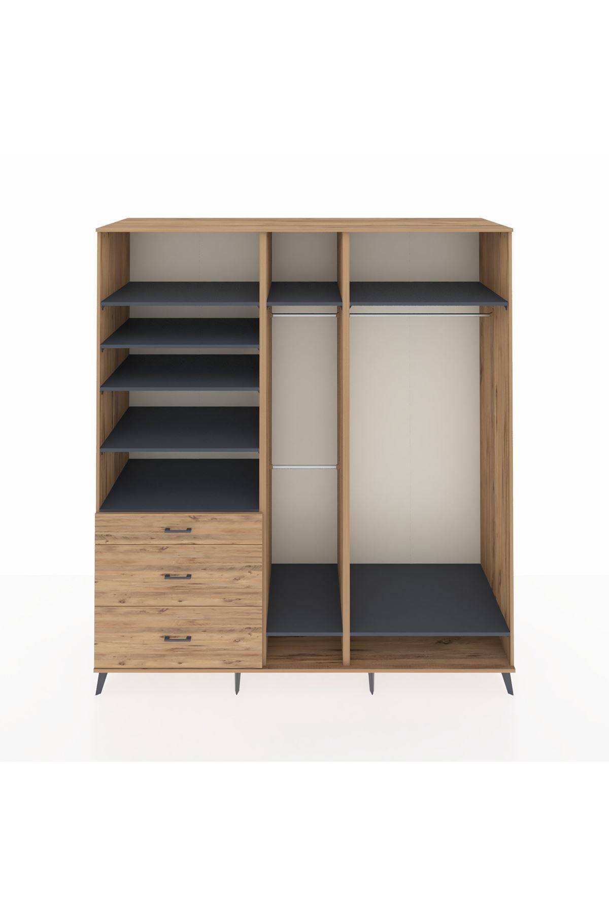 Kronos Dolap 9 Raflı 3 Çekmeceli 3 Askılı 220x59x243 Çam-Antrasit/Çam