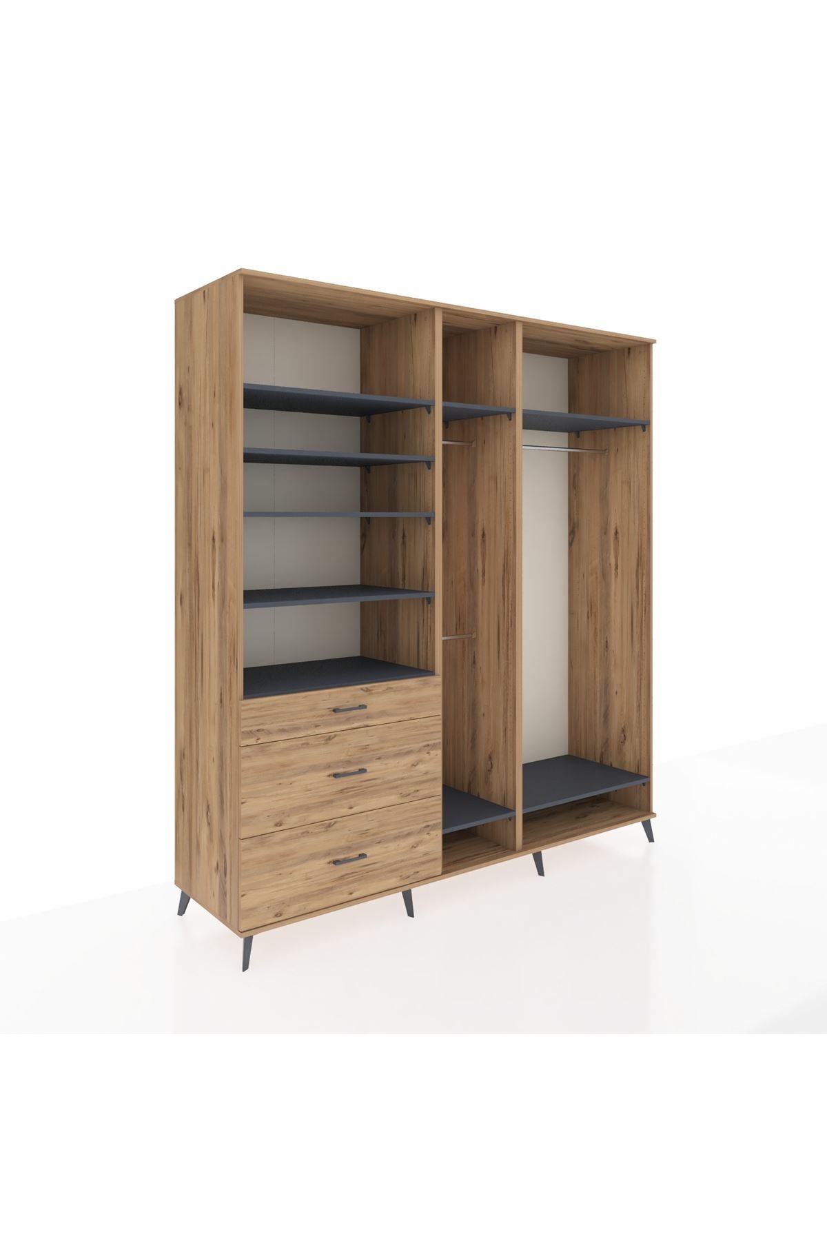 Kronos Dolap 9 Raflı 3 Çekmeceli 3 Askılı 220x59x243 Çam-Antrasit/Çam