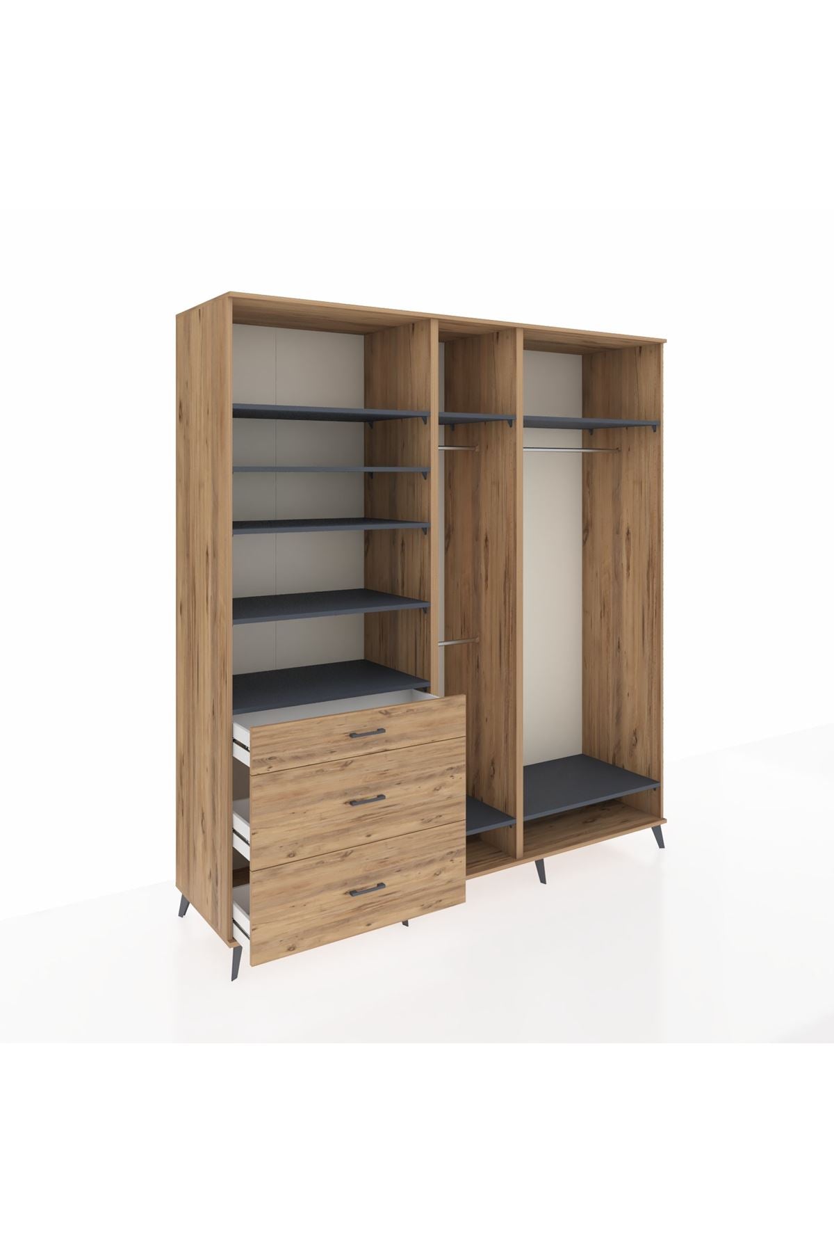 Kronos Dolap 9 Raflı 3 Çekmeceli 3 Askılı 220x59x243 Çam-Antrasit/Çam