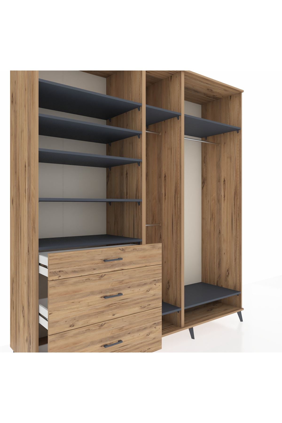 Kronos Dolap 9 Raflı 3 Çekmeceli 3 Askılı 220x59x243 Çam-Antrasit/Çam