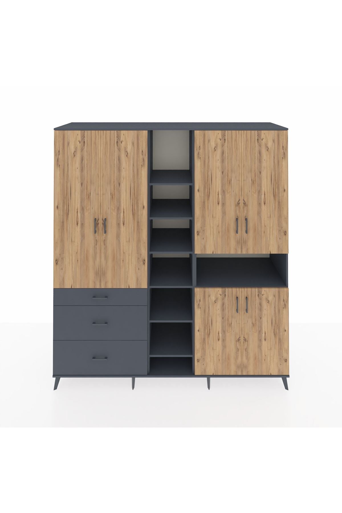 Kronos Dolap 13 Raflı 3 Çekmeceli 6 Kapaklı 220x59x243 Antrasit-Çam/Antrasit