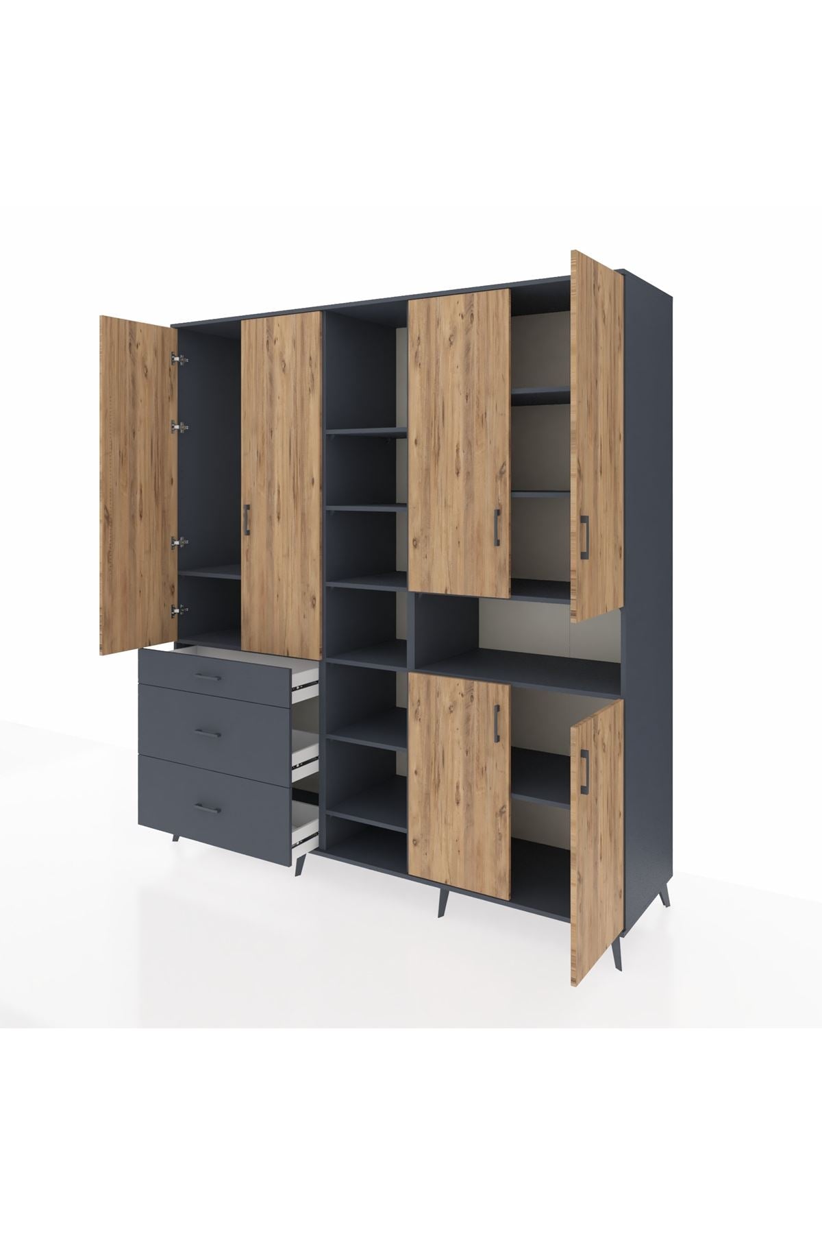 Kronos Dolap 13 Raflı 3 Çekmeceli 6 Kapaklı 220x59x243 Antrasit-Çam/Antrasit