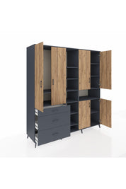 Kronos Dolap 13 Raflı 3 Çekmeceli 6 Kapaklı 220x59x243 Antrasit-Çam/Antrasit