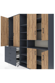 Kronos Dolap 13 Raflı 3 Çekmeceli 6 Kapaklı 220x59x243 Antrasit-Çam/Antrasit