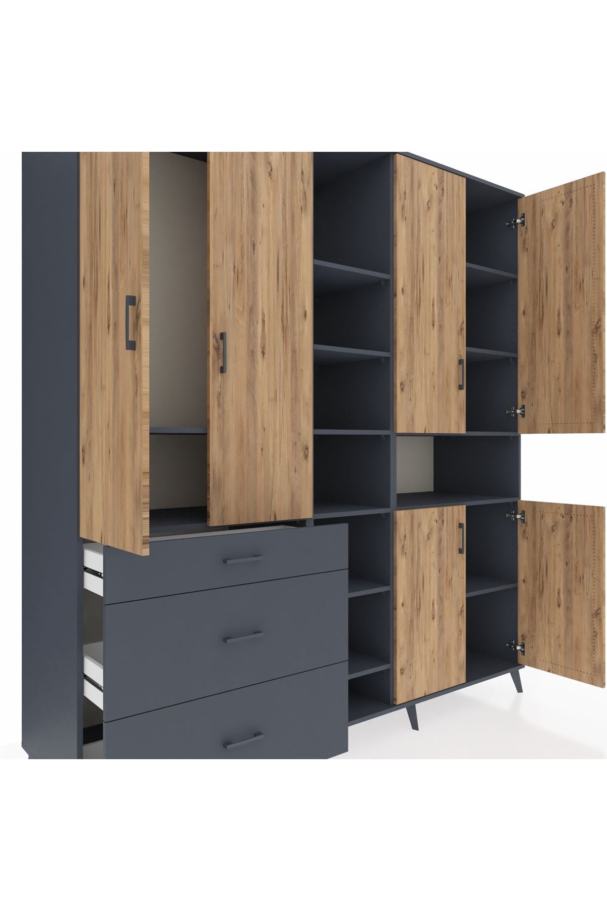 Kronos Dolap 13 Raflı 3 Çekmeceli 6 Kapaklı 220x59x243 Antrasit-Çam/Antrasit