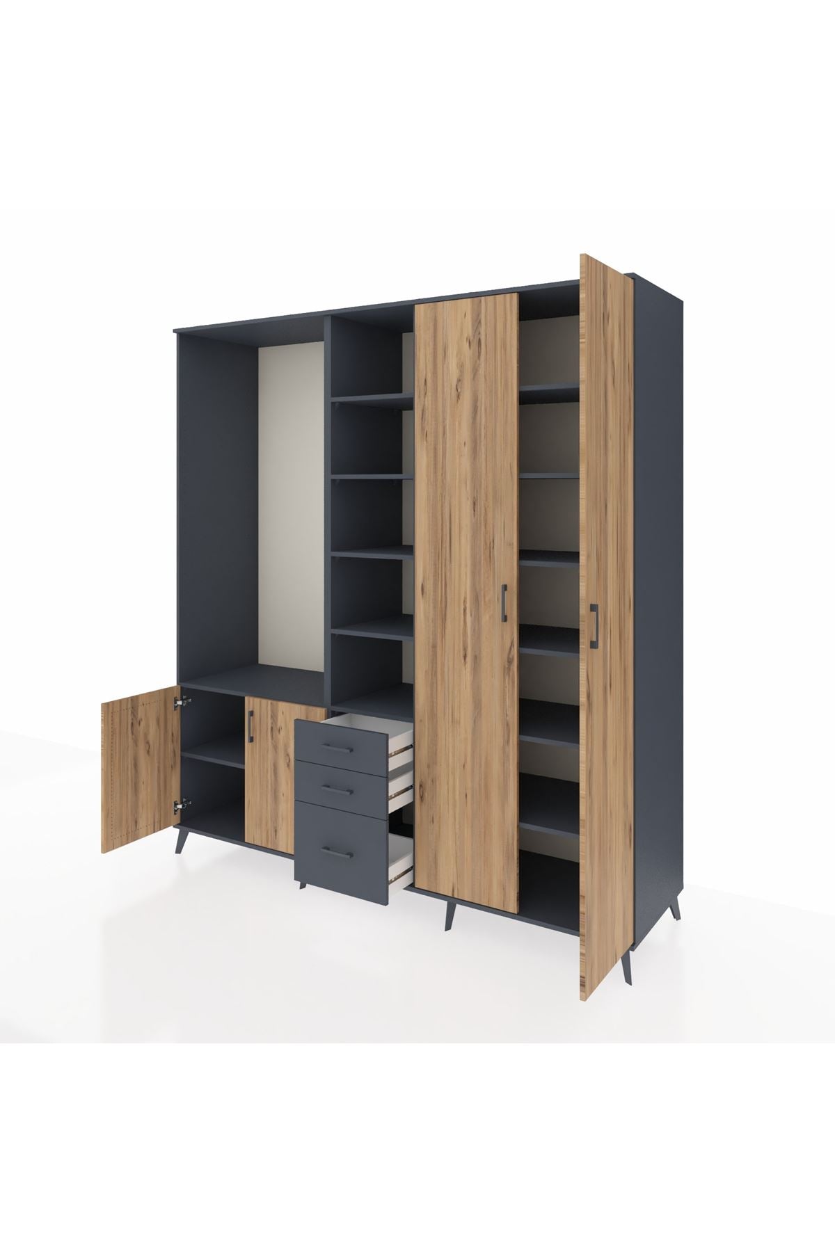 Kronos Dolap 13 Raflı 3 Çekmeceli 4 Kapaklı 220x59x243 Antrasit-Çam/Antrasit