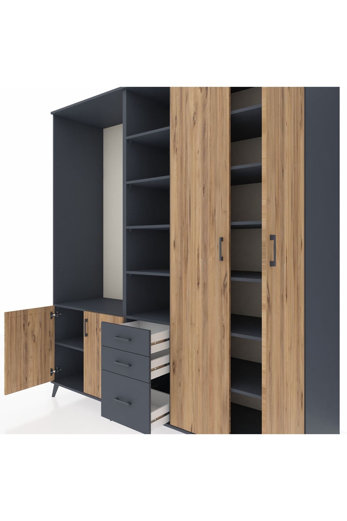 Kronos Dolap 13 Raflı 3 Çekmeceli 4 Kapaklı 220x59x243 Antrasit-Çam/Antrasit