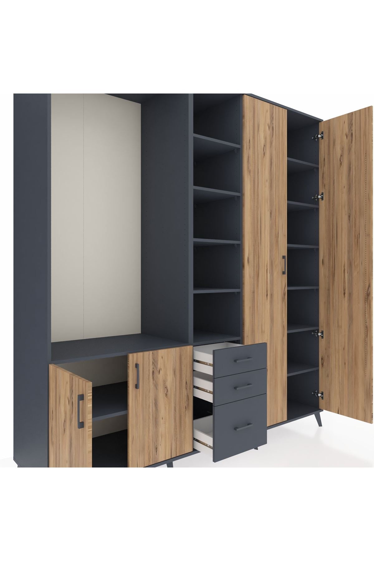 Kronos Dolap 13 Raflı 3 Çekmeceli 4 Kapaklı 220x59x243 Antrasit-Çam/Antrasit