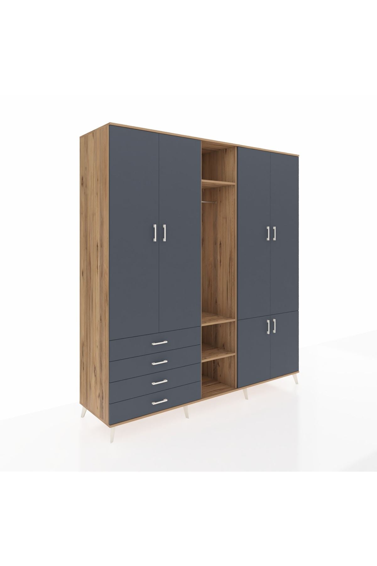 Kronos Dolap 14 Raflı 4 Çekmeceli Tek Askılı 220x59x243 Çam-Antrasit/Antrasit