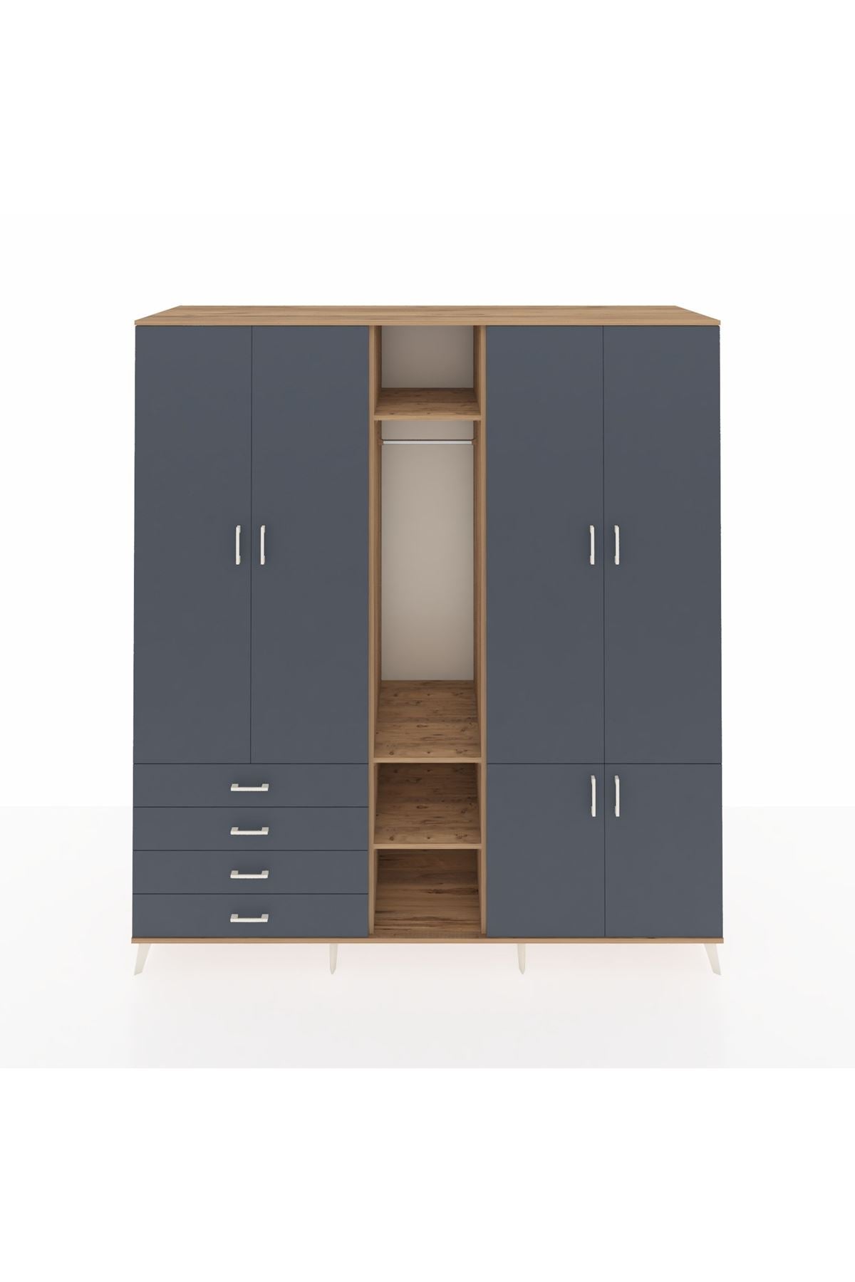 Kronos Dolap 14 Raflı 4 Çekmeceli Tek Askılı 220x59x243 Çam-Antrasit/Antrasit