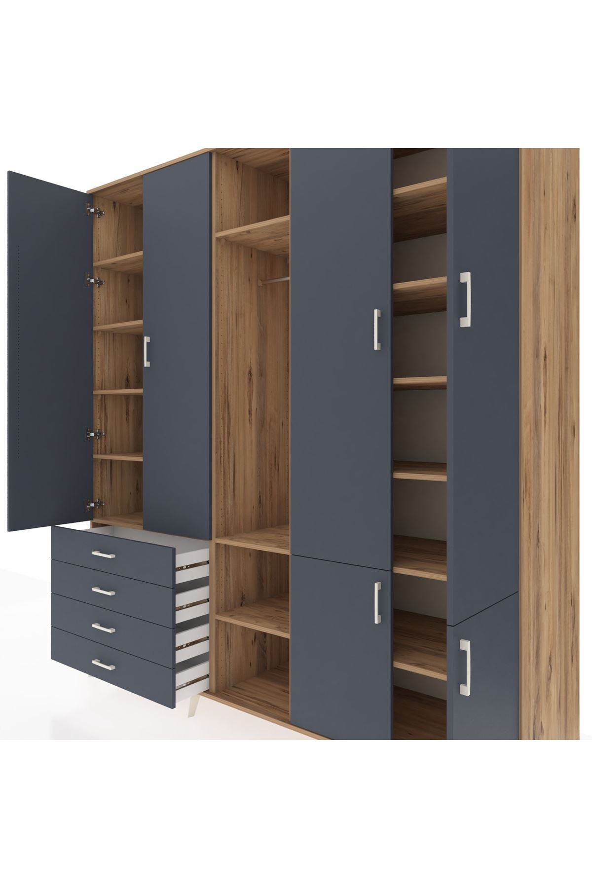 Kronos Dolap 14 Raflı 4 Çekmeceli Tek Askılı 220x59x243 Çam-Antrasit/Antrasit