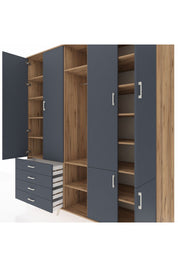 Kronos Dolap 14 Raflı 4 Çekmeceli Tek Askılı 220x59x243 Çam-Antrasit/Antrasit
