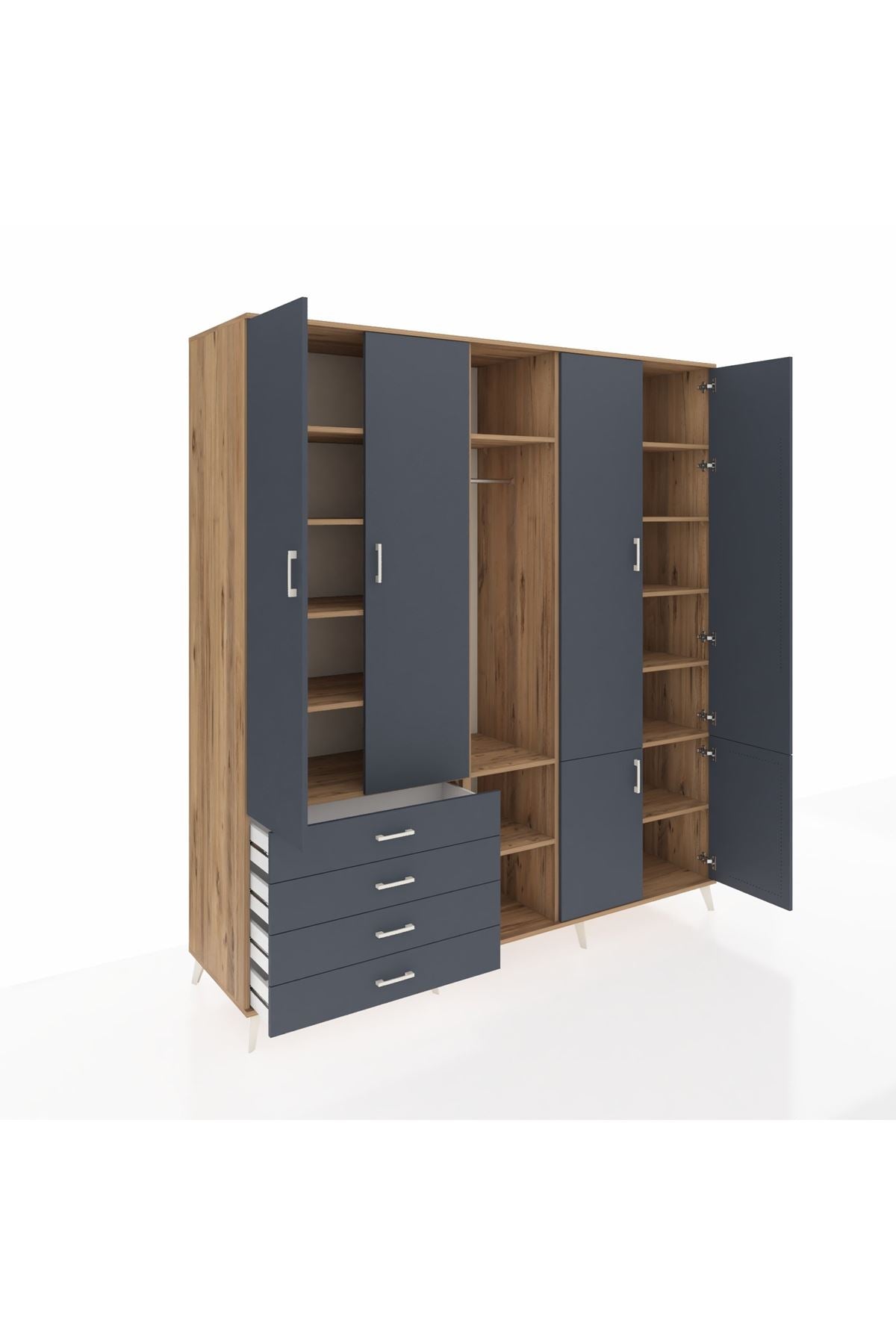 Kronos Dolap 14 Raflı 4 Çekmeceli Tek Askılı 220x59x243 Çam-Antrasit/Antrasit