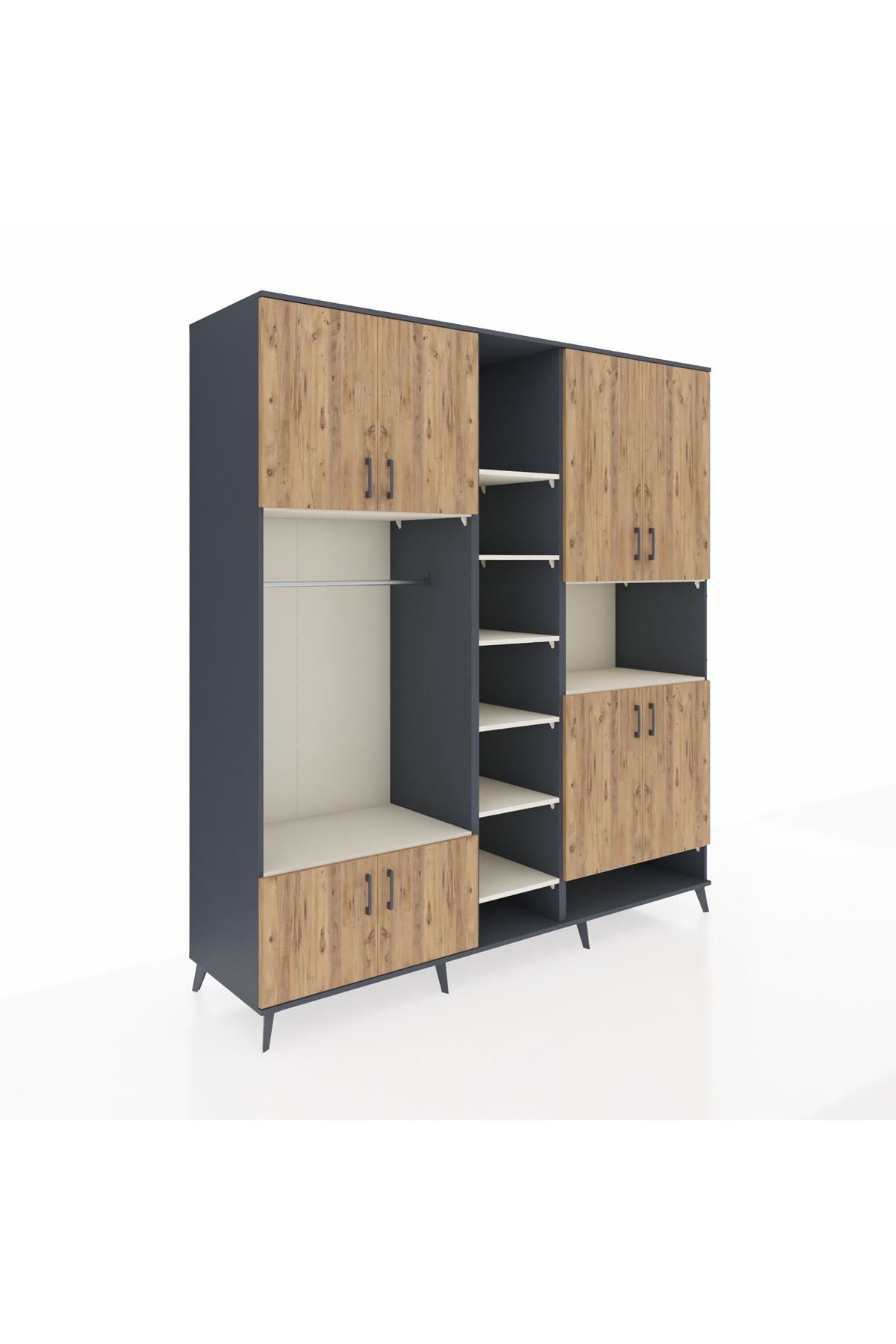 Kronos Dolap 18 Raflı 8 Kapaklı Tek Askılı 220x59x243 Antrasit-Çam/Aytaşı