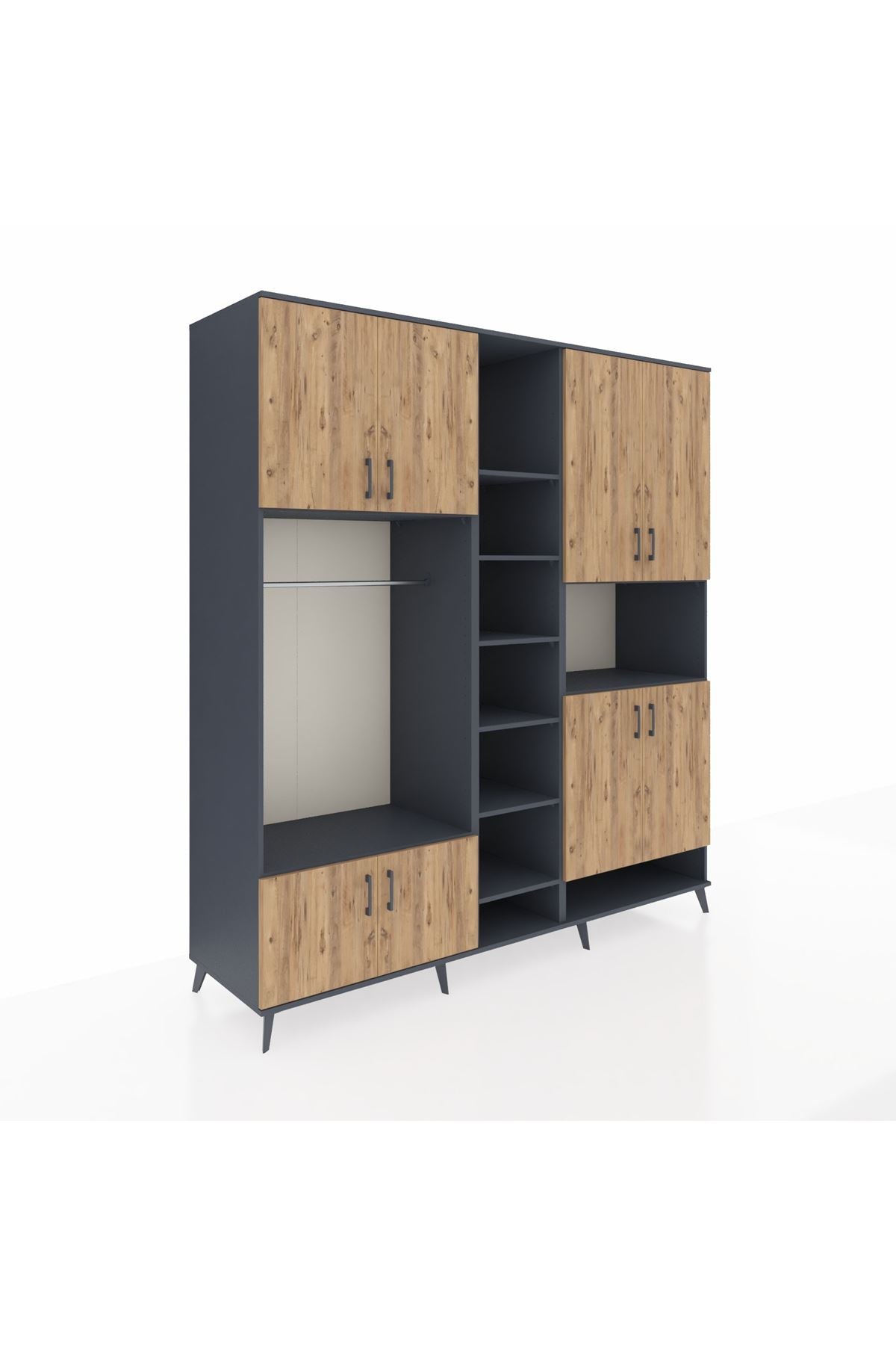 Kronos Dolap 18 Raflı 8 Kapaklı Tek Askılı 220x59x243 Antrasit-Çam/Antrasit