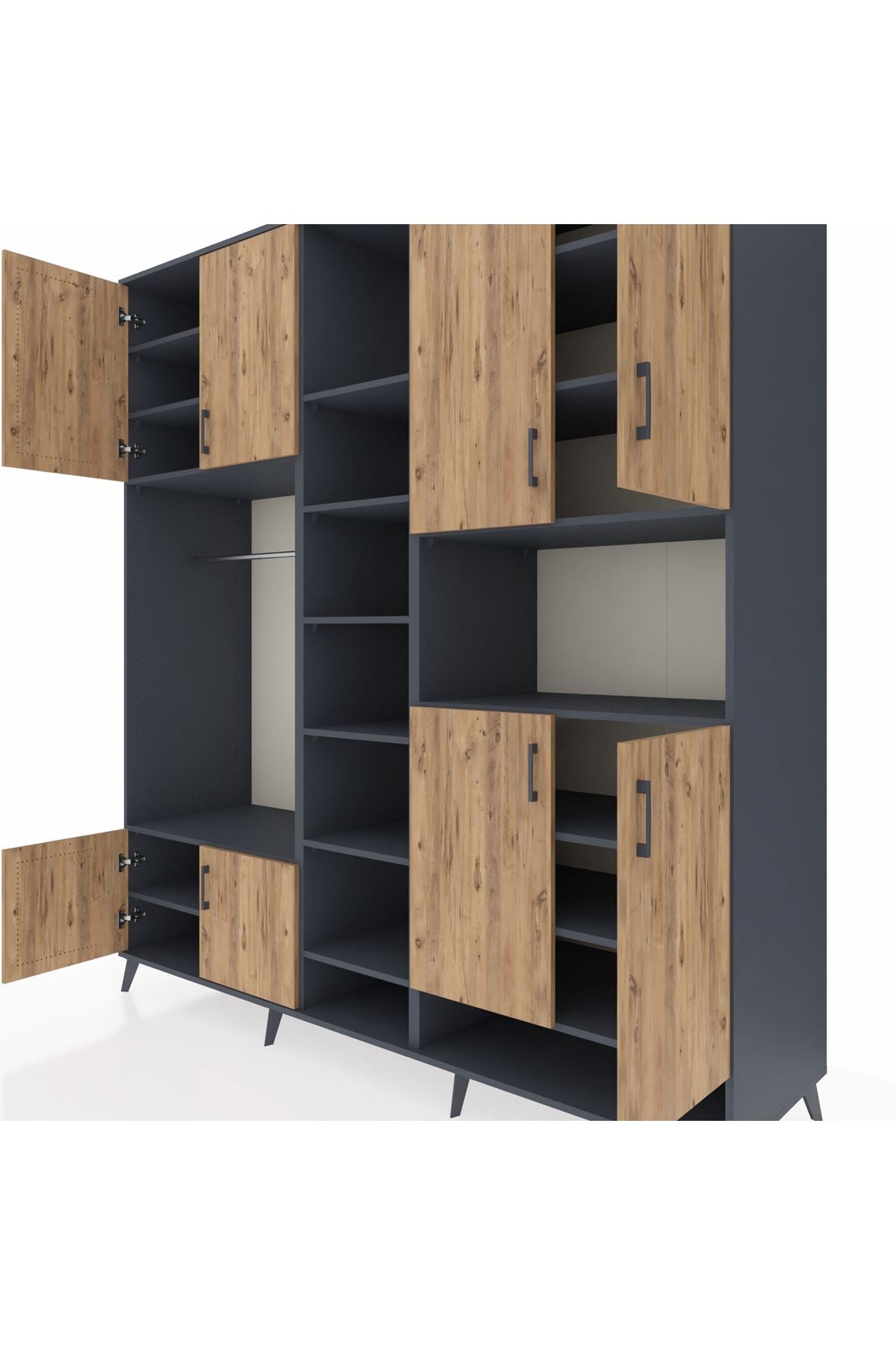 Kronos Dolap 18 Raflı 8 Kapaklı Tek Askılı 220x59x243 Antrasit-Çam/Antrasit