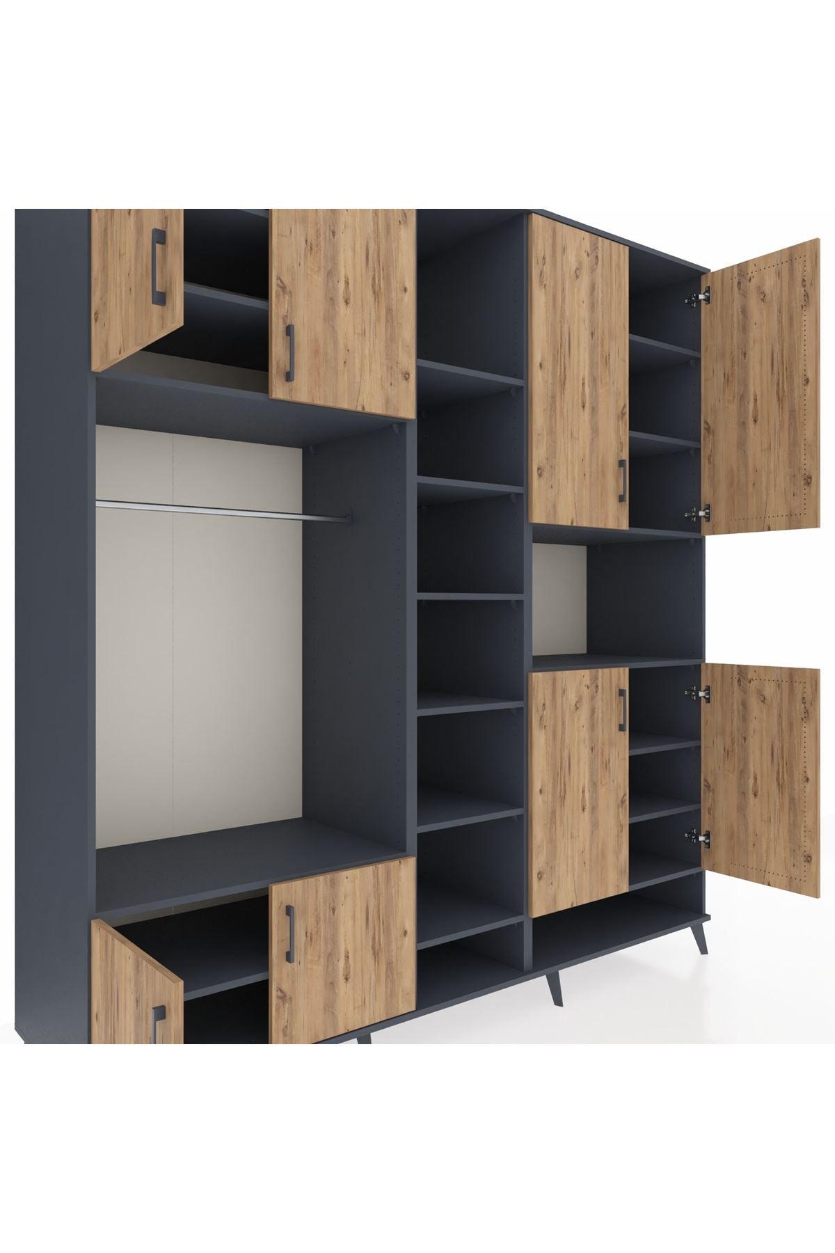 Kronos Dolap 18 Raflı 8 Kapaklı Tek Askılı 220x59x243 Antrasit-Çam/Antrasit