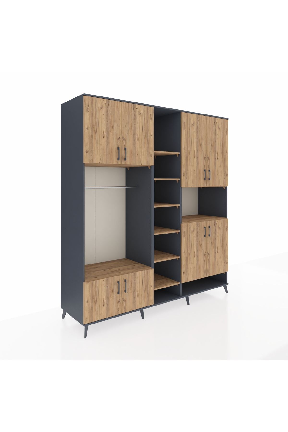 Kronos Dolap 18 Raflı 8 Kapaklı Tek Askılı 220x59x243 Antrasit-Çam/Çam