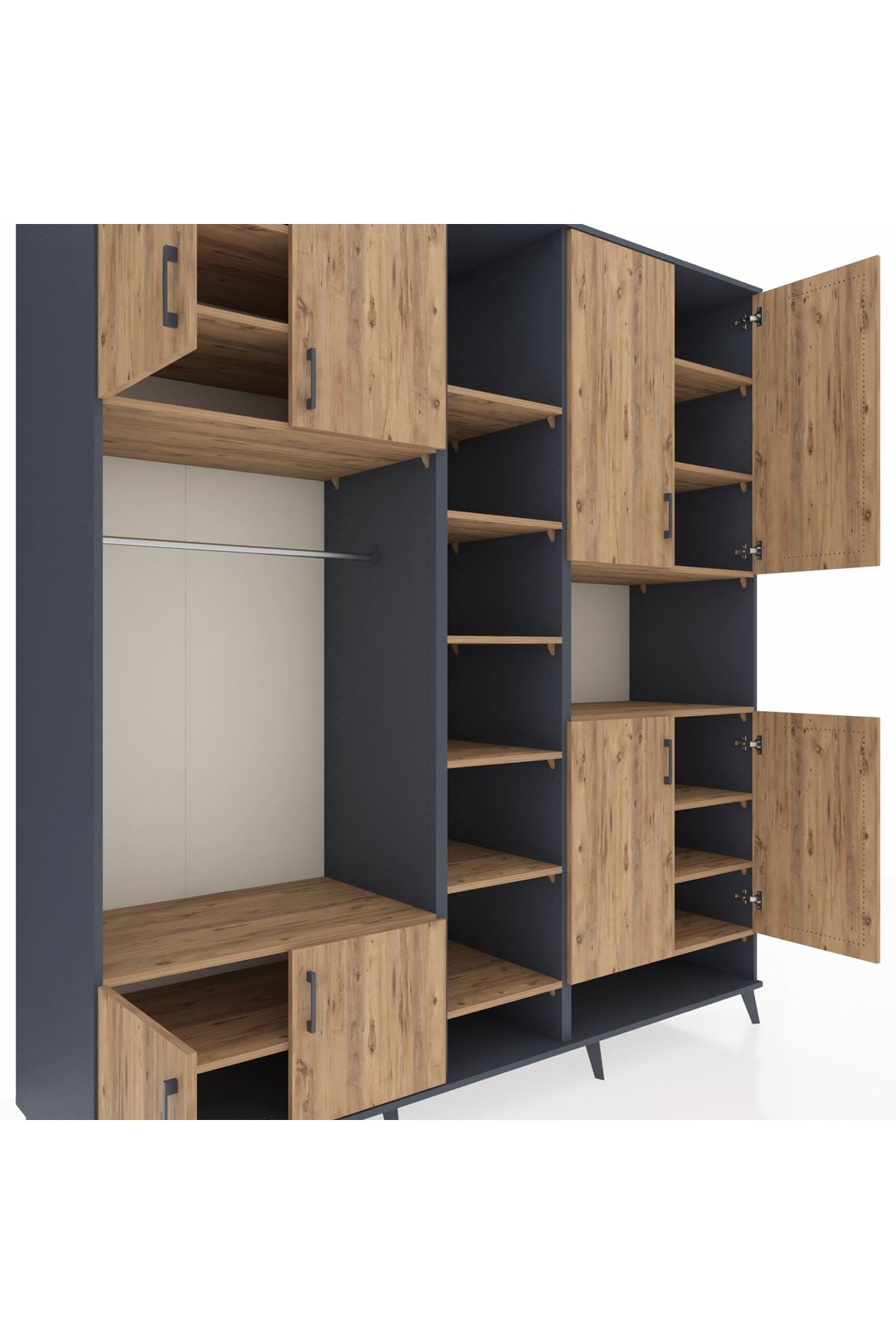 Kronos Dolap 18 Raflı 8 Kapaklı Tek Askılı 220x59x243 Antrasit-Çam/Çam