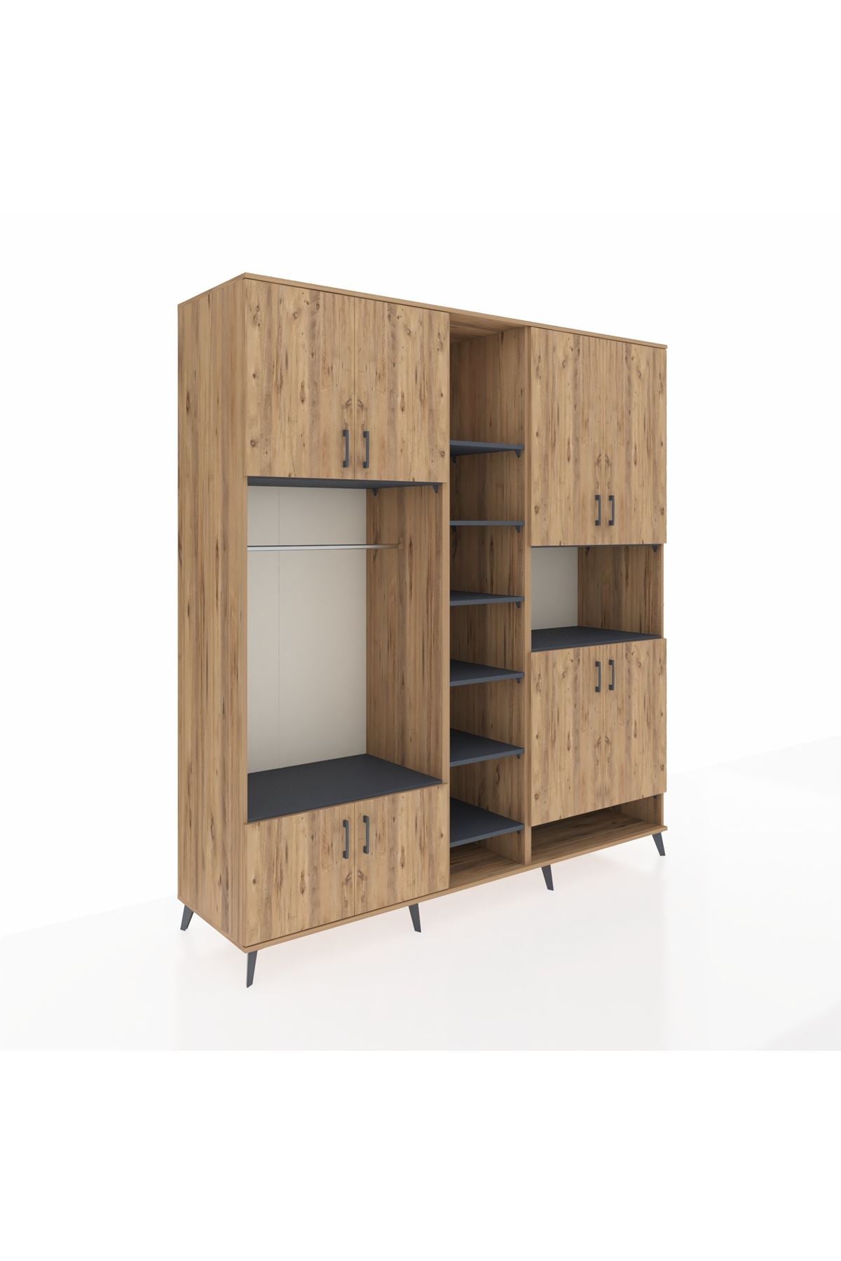 Kronos Dolap 18 Raflı 8 Kapaklı Tek Askılı 220x59x243 Çam-Çam/Antrasit