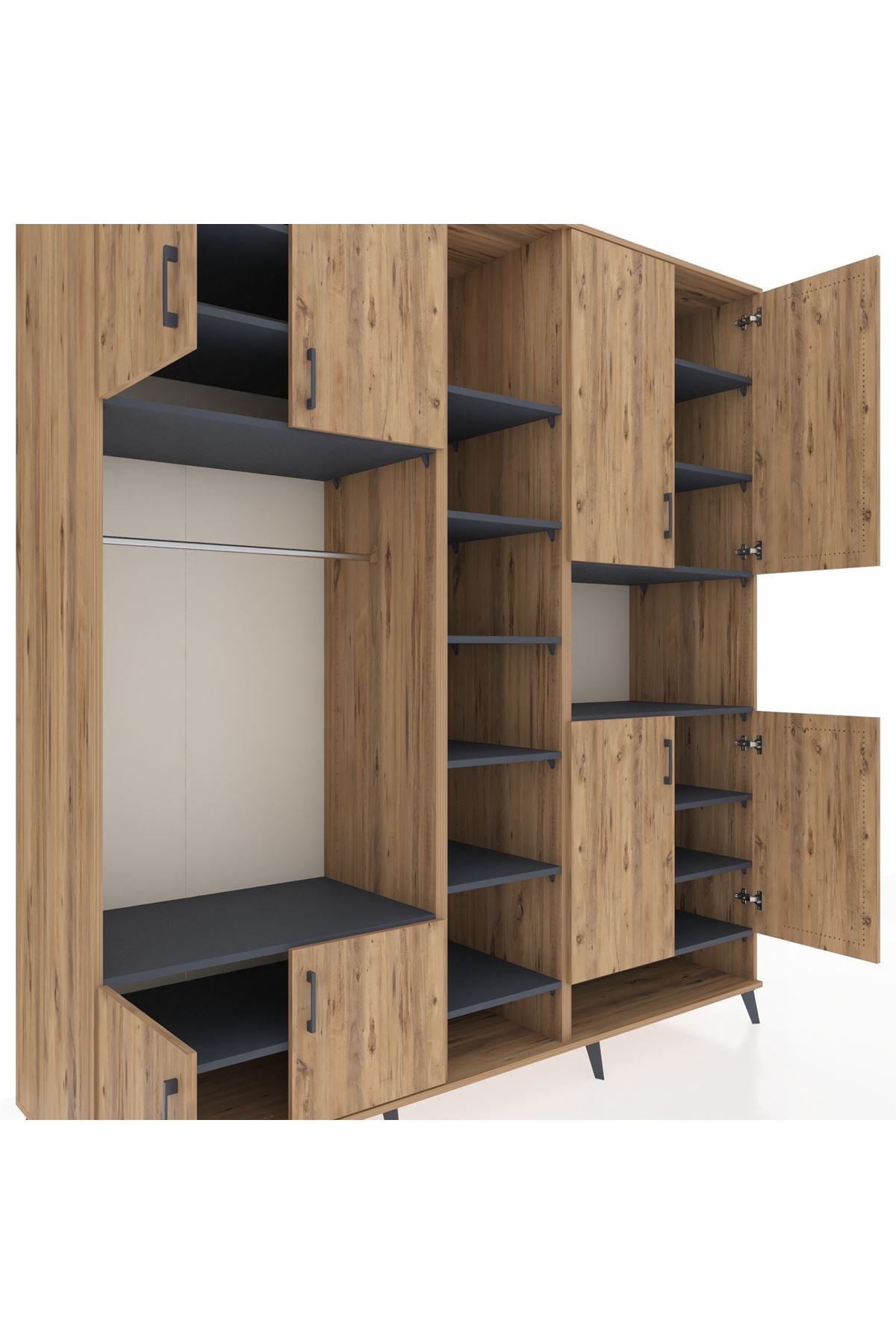 Kronos Dolap 18 Raflı 8 Kapaklı Tek Askılı 220x59x243 Çam-Çam/Antrasit