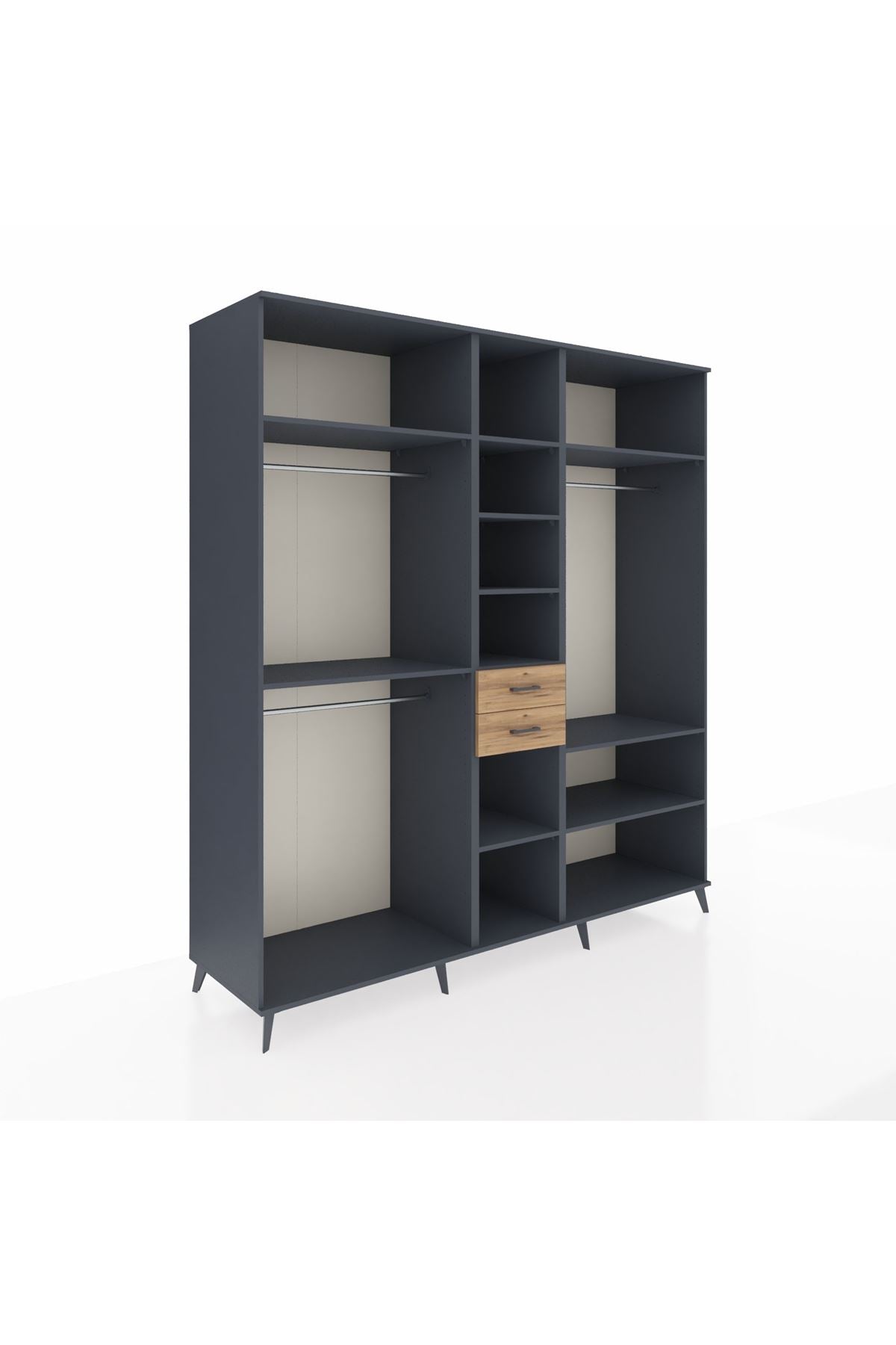 Kronos Dolap 10 Raflı 2 Çekmeceli 3 Askılı 220x59x243 Antrasit-Antrasit/Çam