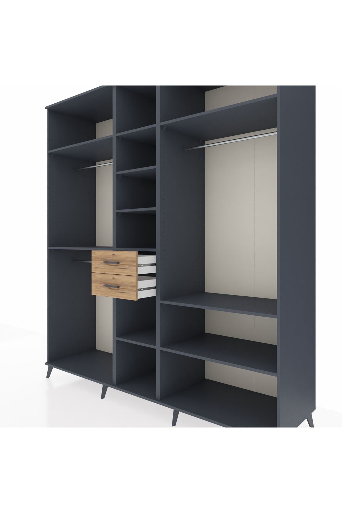 Kronos Dolap 10 Raflı 2 Çekmeceli 3 Askılı 220x59x243 Antrasit-Antrasit/Çam