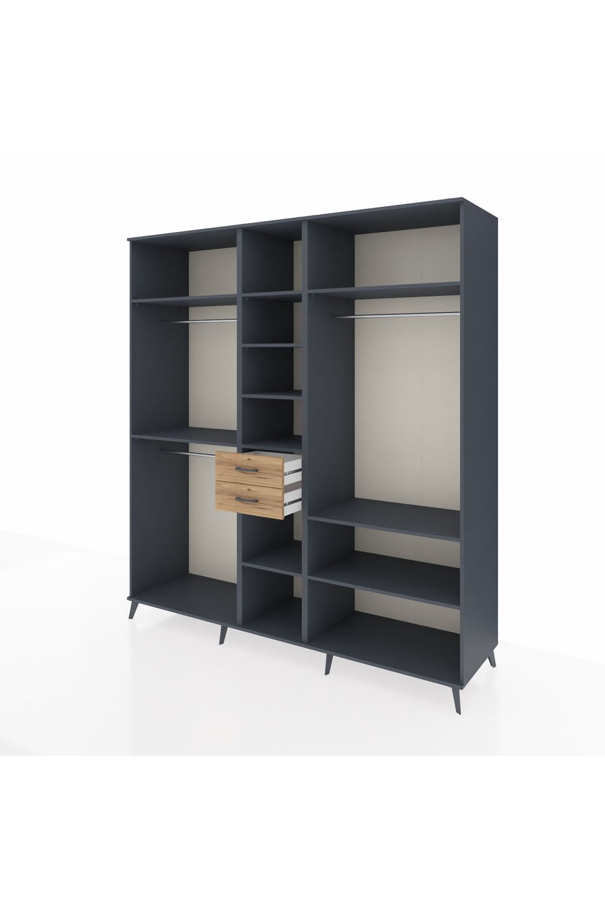 Kronos Dolap 10 Raflı 2 Çekmeceli 3 Askılı 220x59x243 Antrasit-Antrasit/Çam