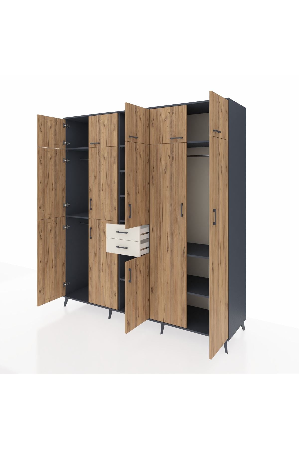 Kronos Dolap 10 Raflı 2 Çekmeceli 3 Askılı 220x59x243 Antrasit-Çam/Aytaşı