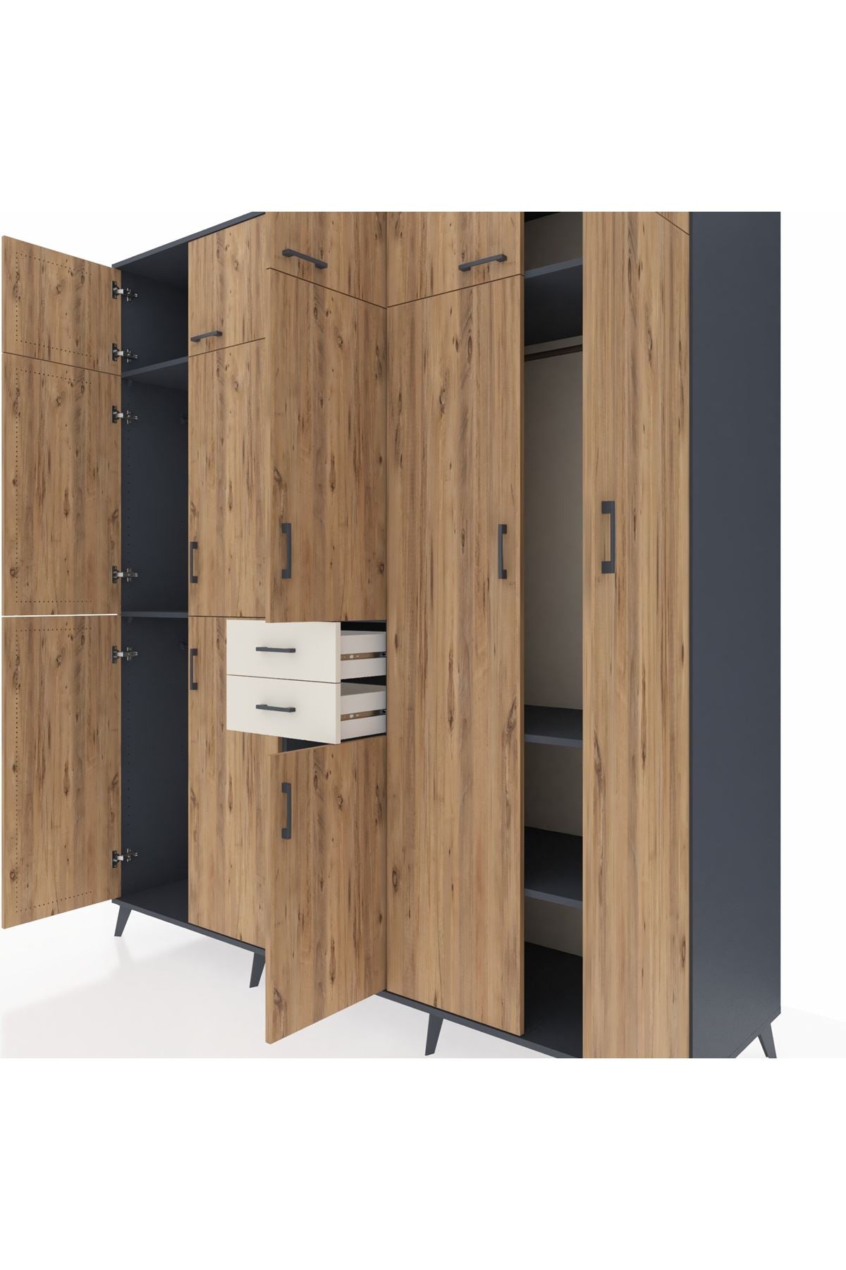 Kronos Dolap 10 Raflı 2 Çekmeceli 3 Askılı 220x59x243 Antrasit-Çam/Aytaşı