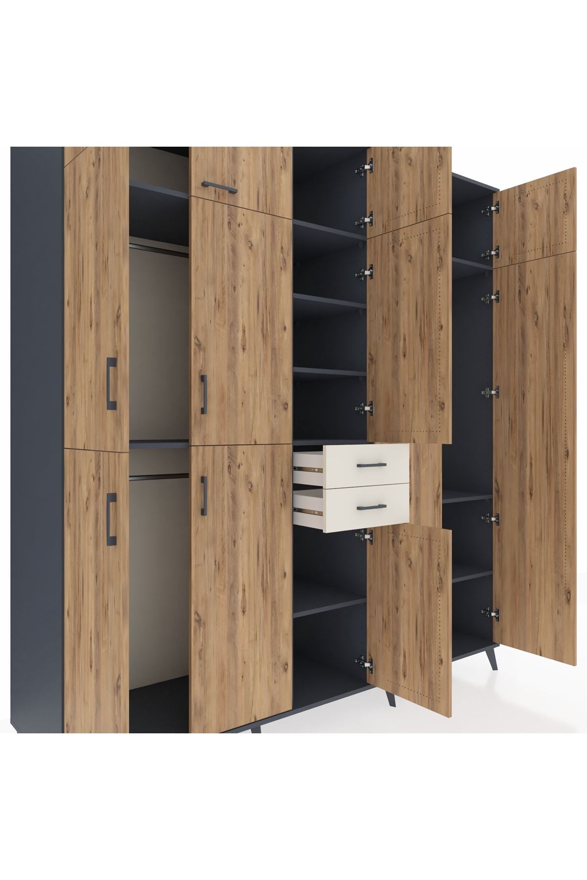 Kronos Dolap 10 Raflı 2 Çekmeceli 3 Askılı 220x59x243 Antrasit-Çam/Aytaşı