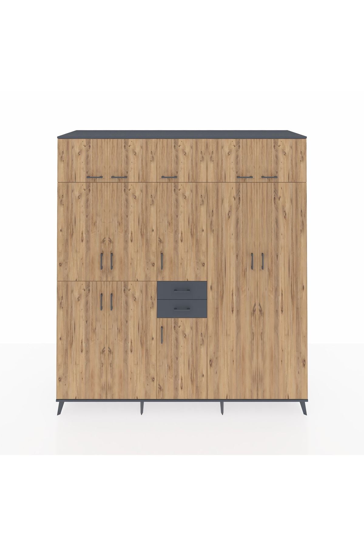 Kronos Dolap 10 Raflı 2 Çekmeceli 3 Askılı 220x59x243 Antrasit-Çam/Antrasit