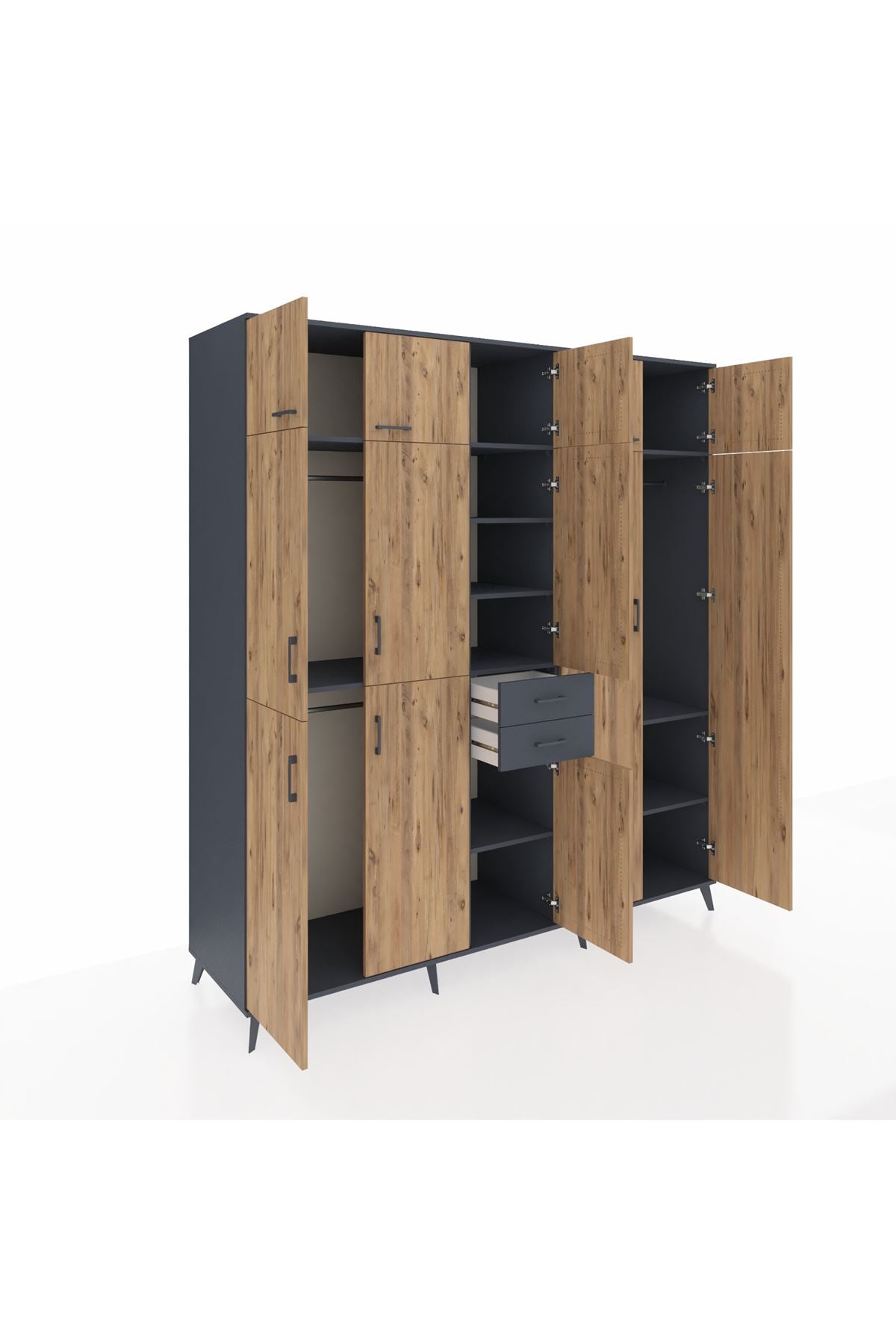 Kronos Dolap 10 Raflı 2 Çekmeceli 3 Askılı 220x59x243 Antrasit-Çam/Antrasit