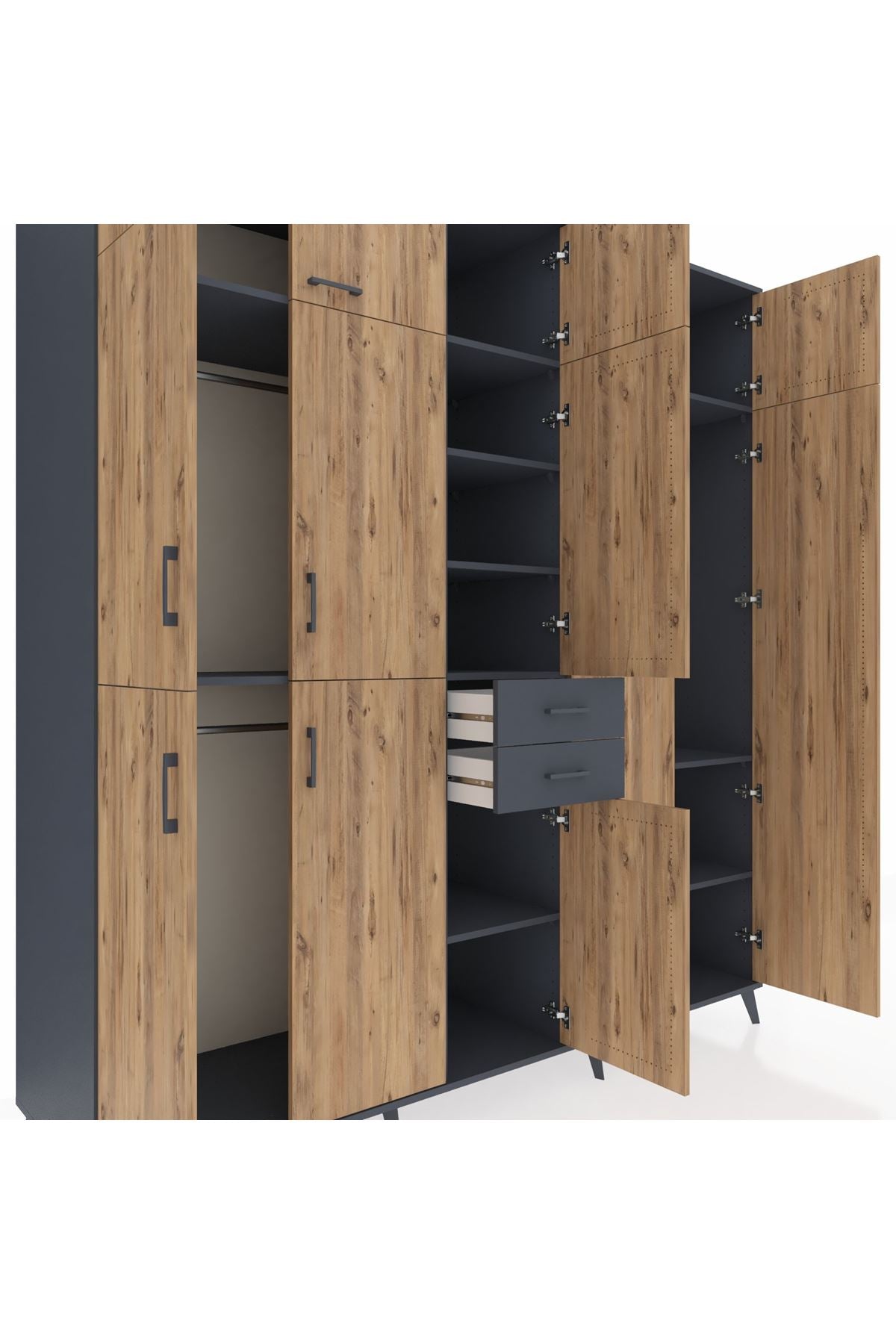 Kronos Dolap 10 Raflı 2 Çekmeceli 3 Askılı 220x59x243 Antrasit-Çam/Antrasit