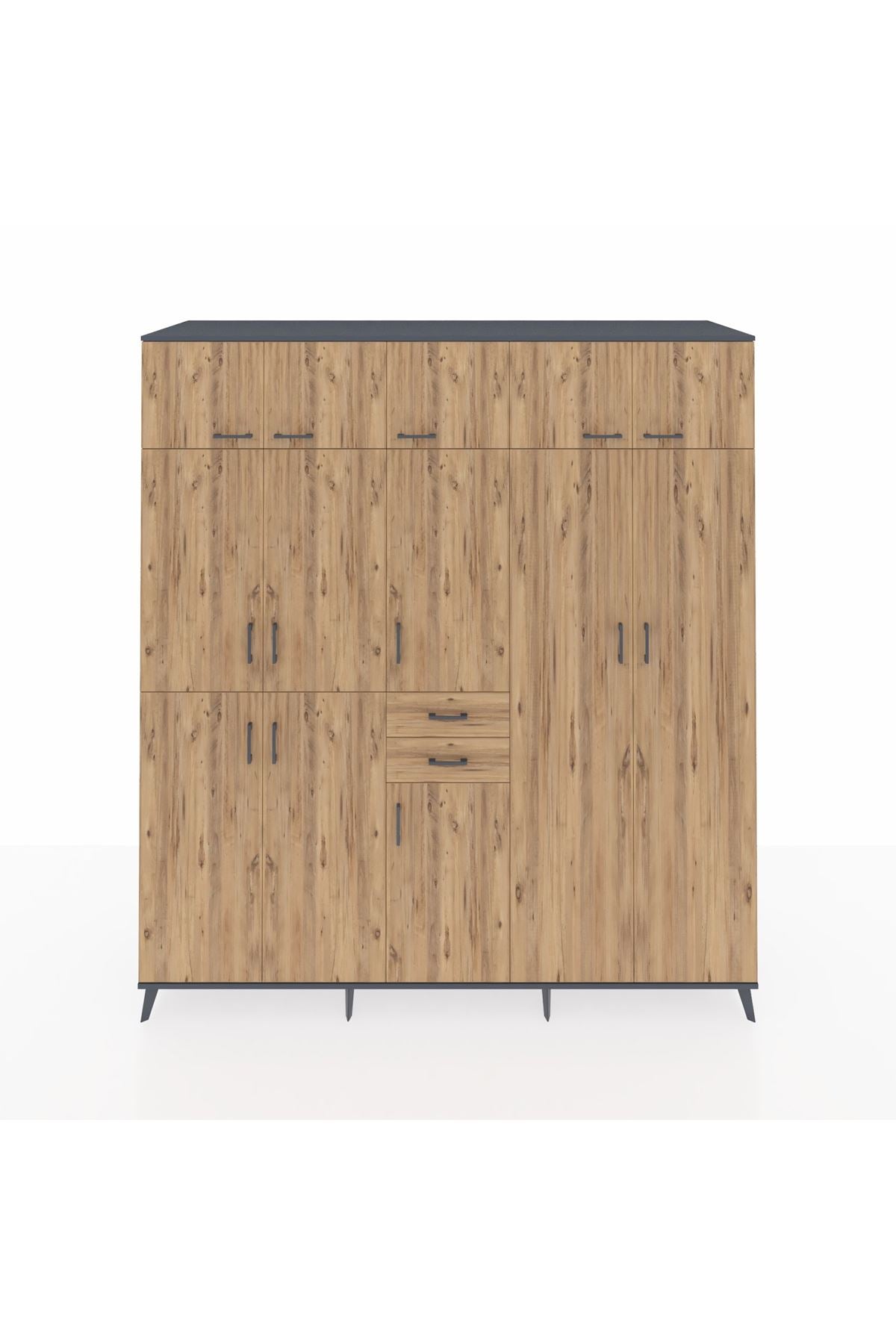 Kronos Dolap 10 Raflı 2 Çekmeceli 3 Askılı 220x59x243 Antrasit-Çam/Çam