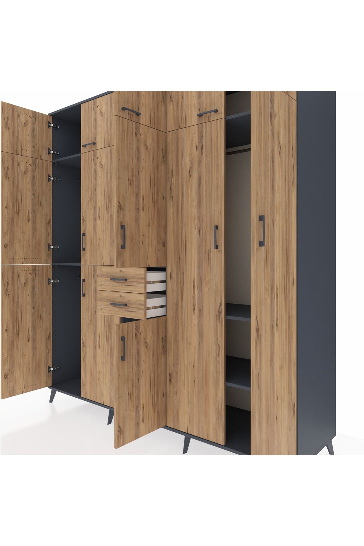 Kronos Dolap 10 Raflı 2 Çekmeceli 3 Askılı 220x59x243 Antrasit-Çam/Çam